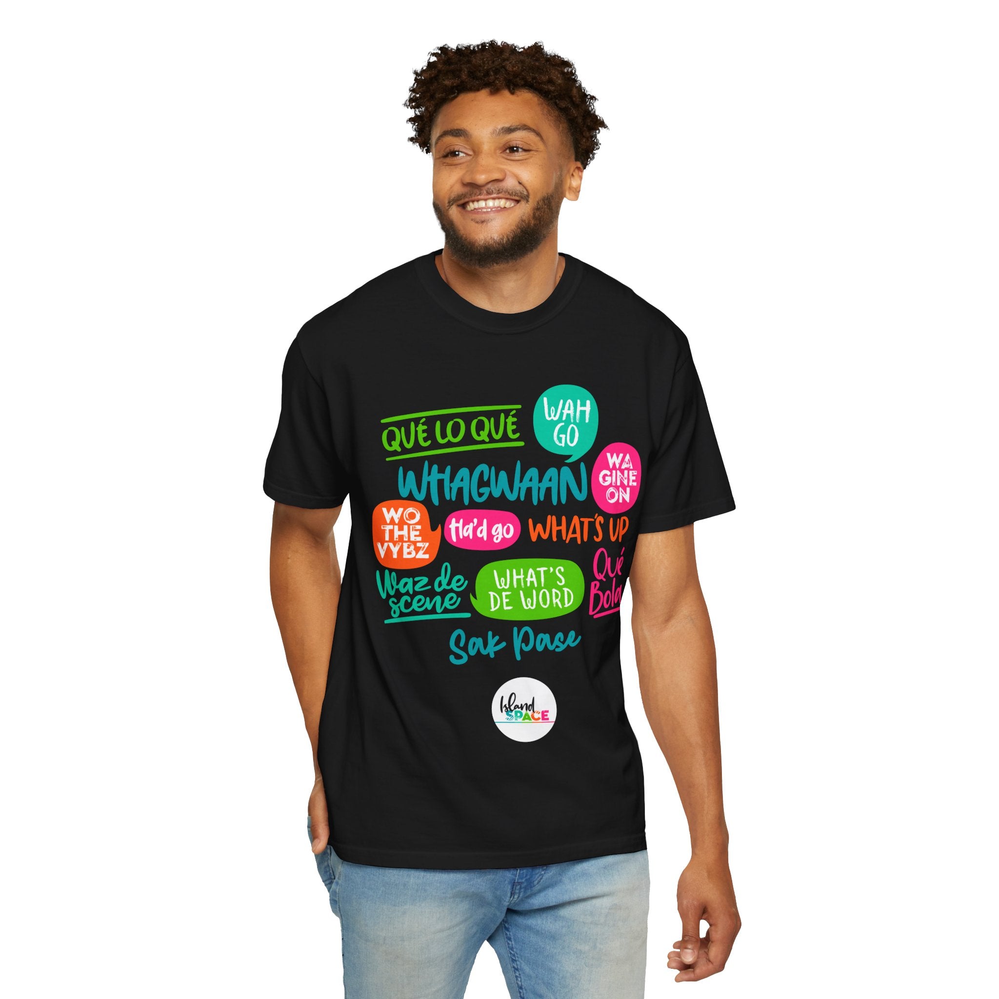 T-Shirt — Caribbean Greeting Phrases Graphic Tee (Whagwaan, Qué lo qué, Sak Pase)