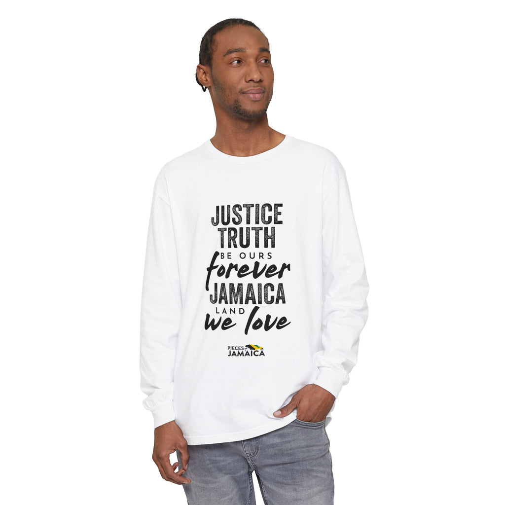 Long Sleeve T-Shirt — "Justice, Truth Be Ours Forever Jamaica" Graphic