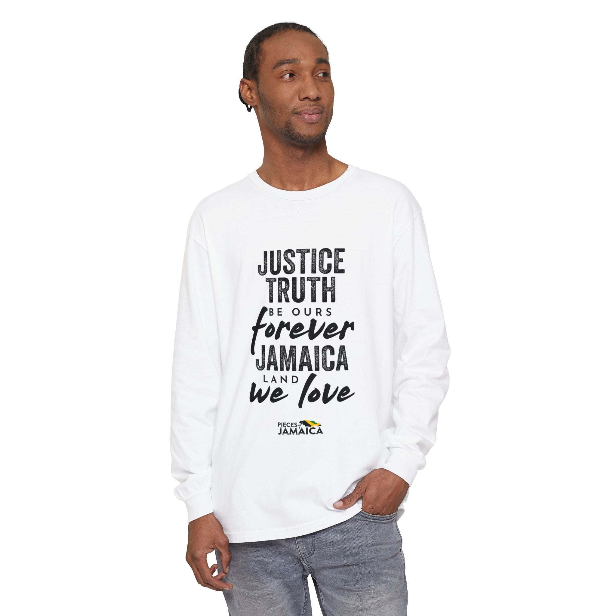 Long Sleeve T-Shirt — "Justice, Truth Be Ours Forever Jamaica" Graphic