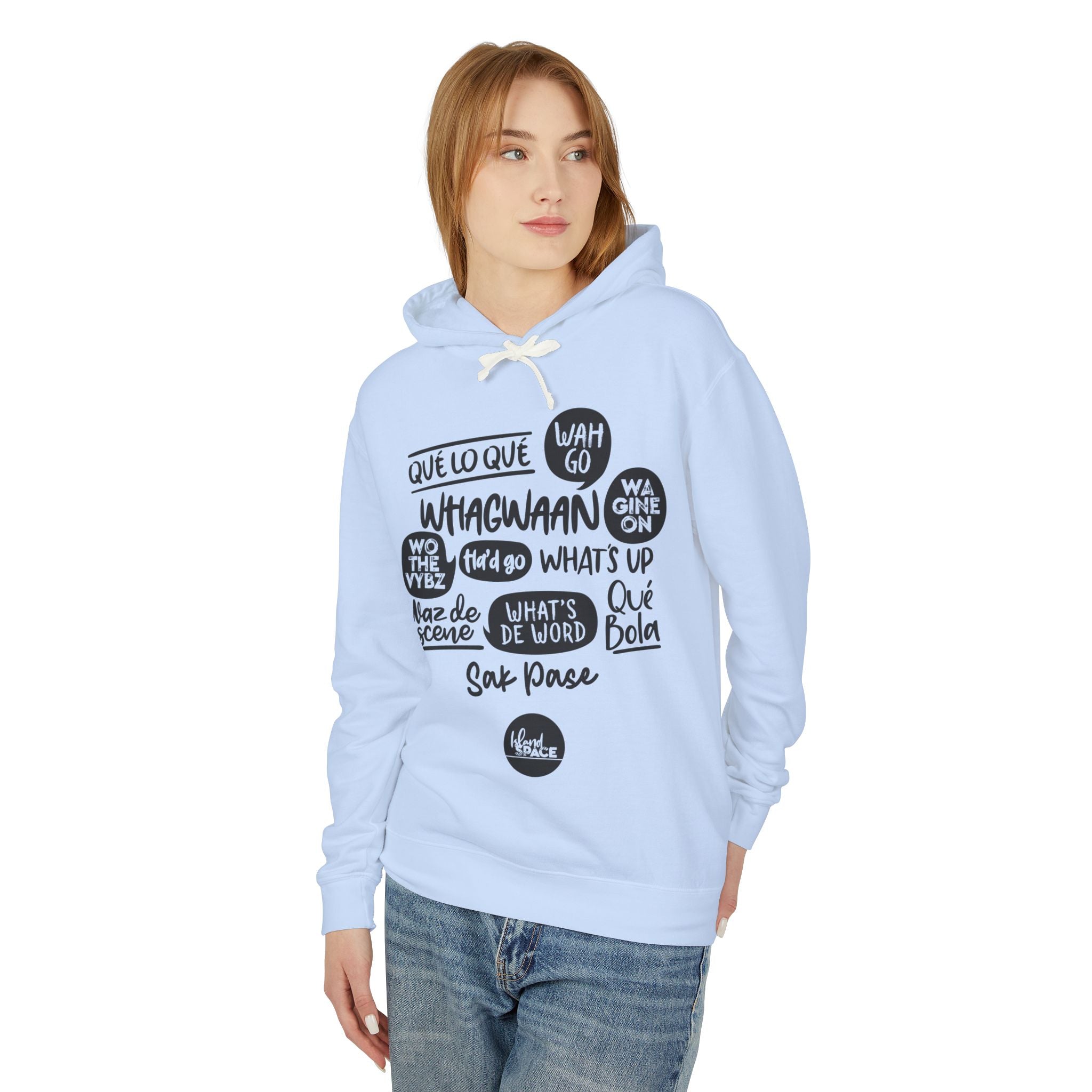 Lightweight Hoodie — Multi-Language Greetings Graphic (Que lo que, What's Up, Whagwaan)