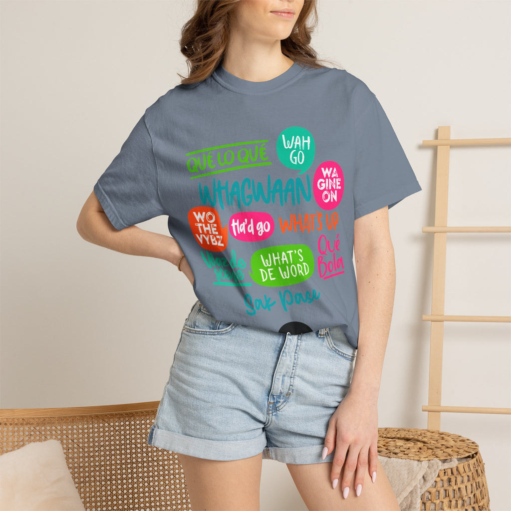 Whagwaan Phrase Tee — Multilingual Caribbean Slang Graphic T-Shirt