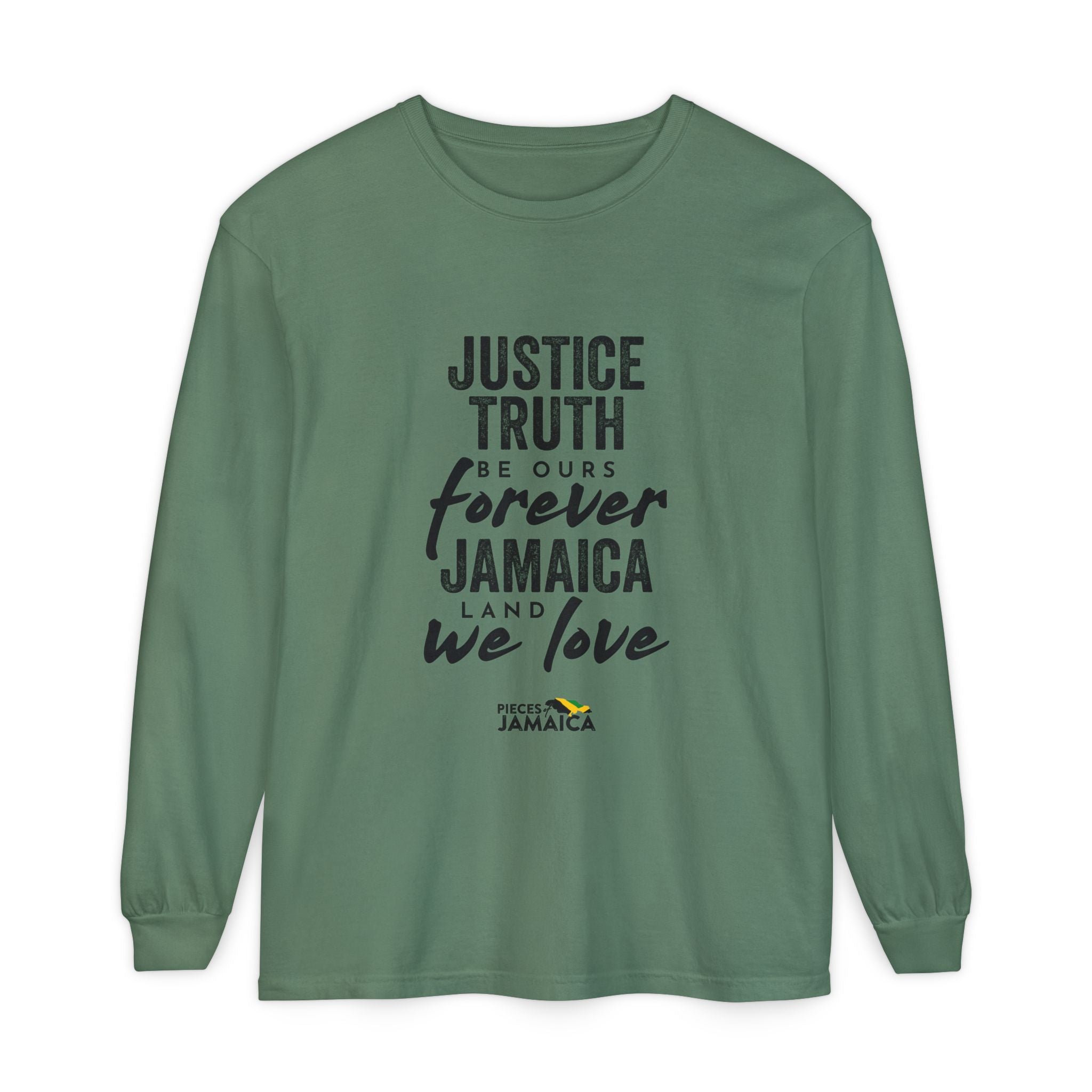 Long Sleeve T-Shirt — "Justice, Truth Be Ours Forever Jamaica" Graphic
