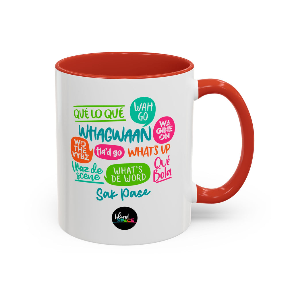 Accent Coffee Mug — Caribbean Slang Speech Bubble Design (What's Up, Wagwaan, Sak Pase)