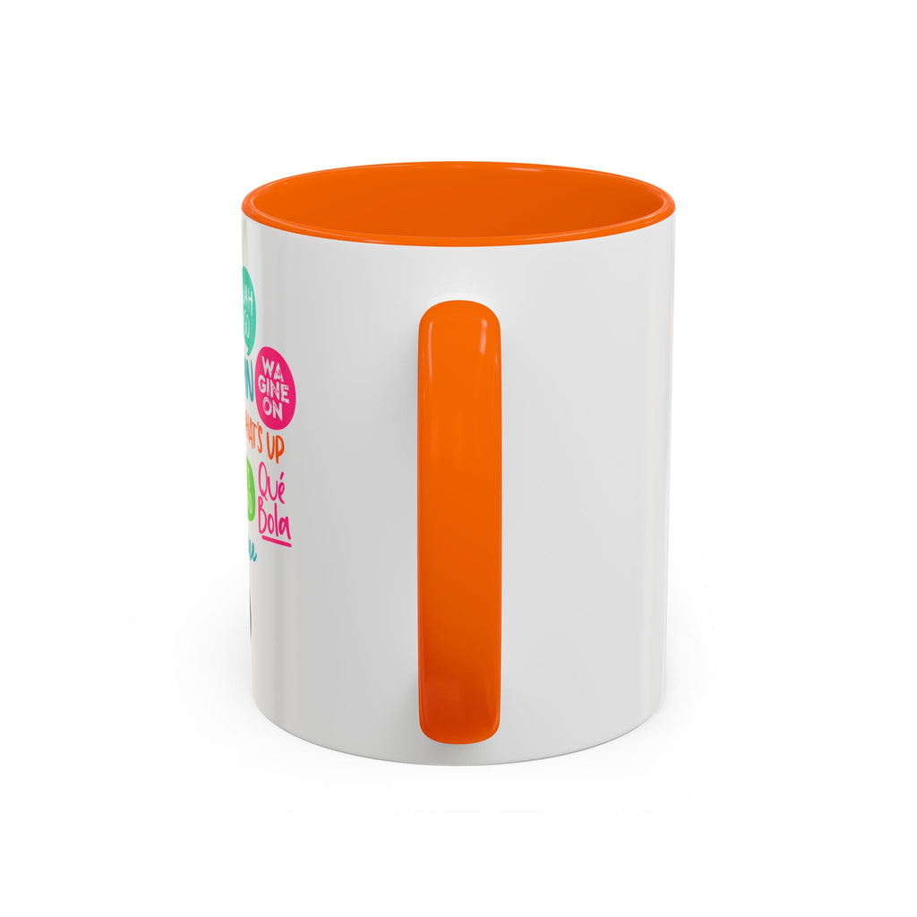Accent Coffee Mug — Caribbean Slang Speech Bubble Design (What's Up, Wagwaan, Sak Pase)