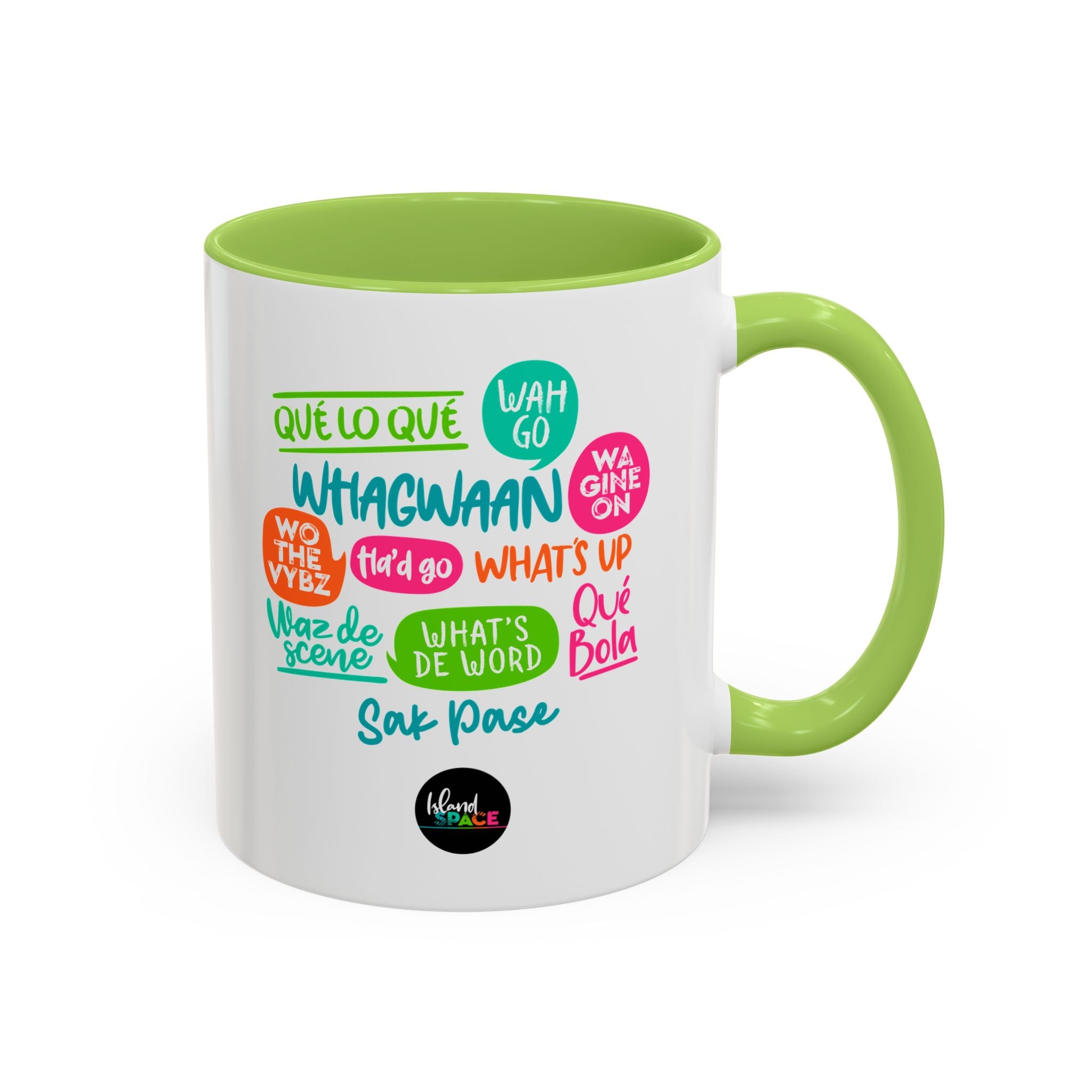 Accent Coffee Mug — Caribbean Slang Speech Bubble Design (What's Up, Wagwaan, Sak Pase)