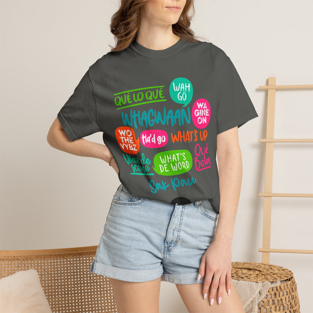 Whagwaan Phrase Tee — Multilingual Caribbean Slang Graphic T-Shirt