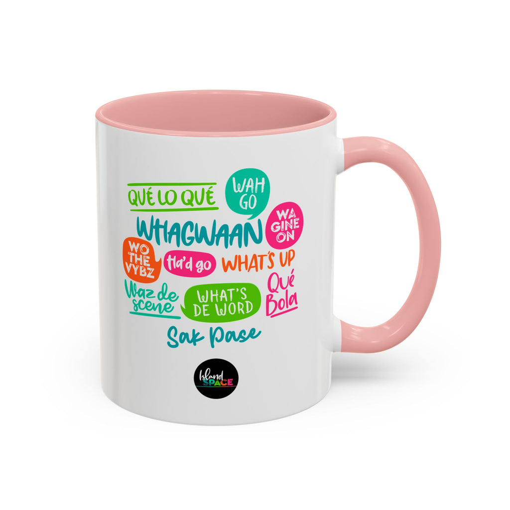 Accent Coffee Mug — Caribbean Slang Speech Bubble Design (What's Up, Wagwaan, Sak Pase)