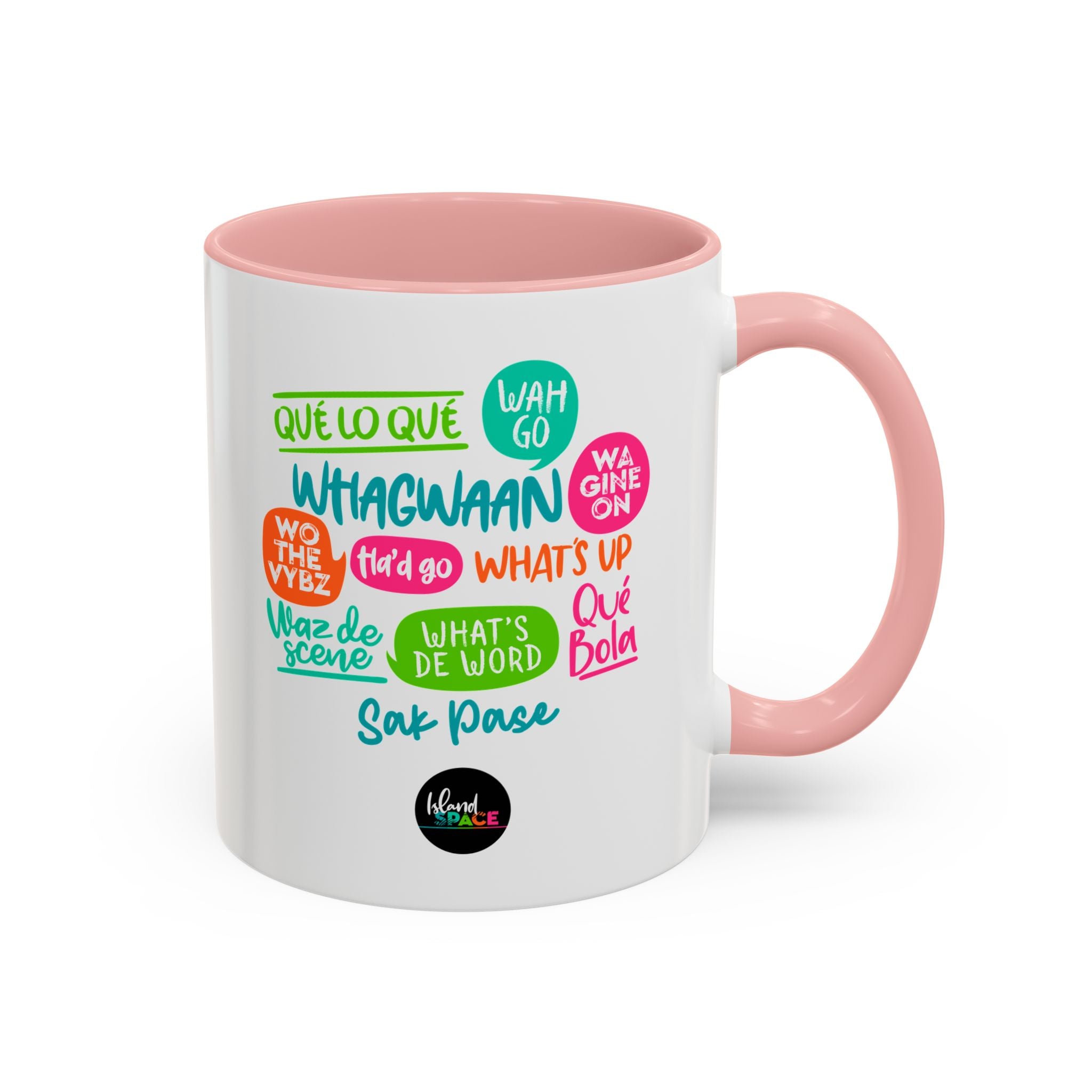 Accent Coffee Mug — Caribbean Slang Speech Bubble Design (What's Up, Wagwaan, Sak Pase)