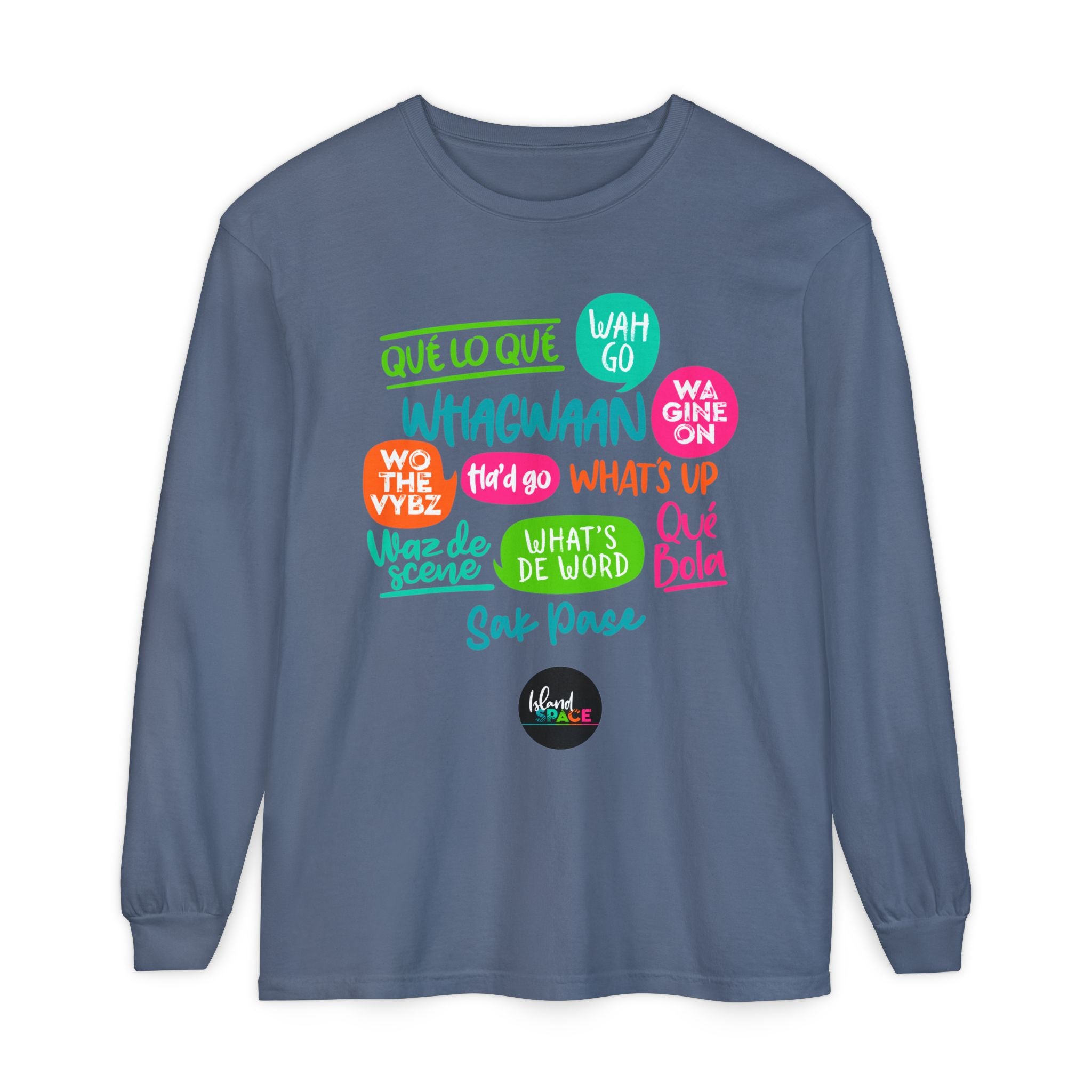Long Sleeve T-Shirt — Caribbean Speech Bubble Graphic (What’s Up, Wah Gwan, Que Lo Que)