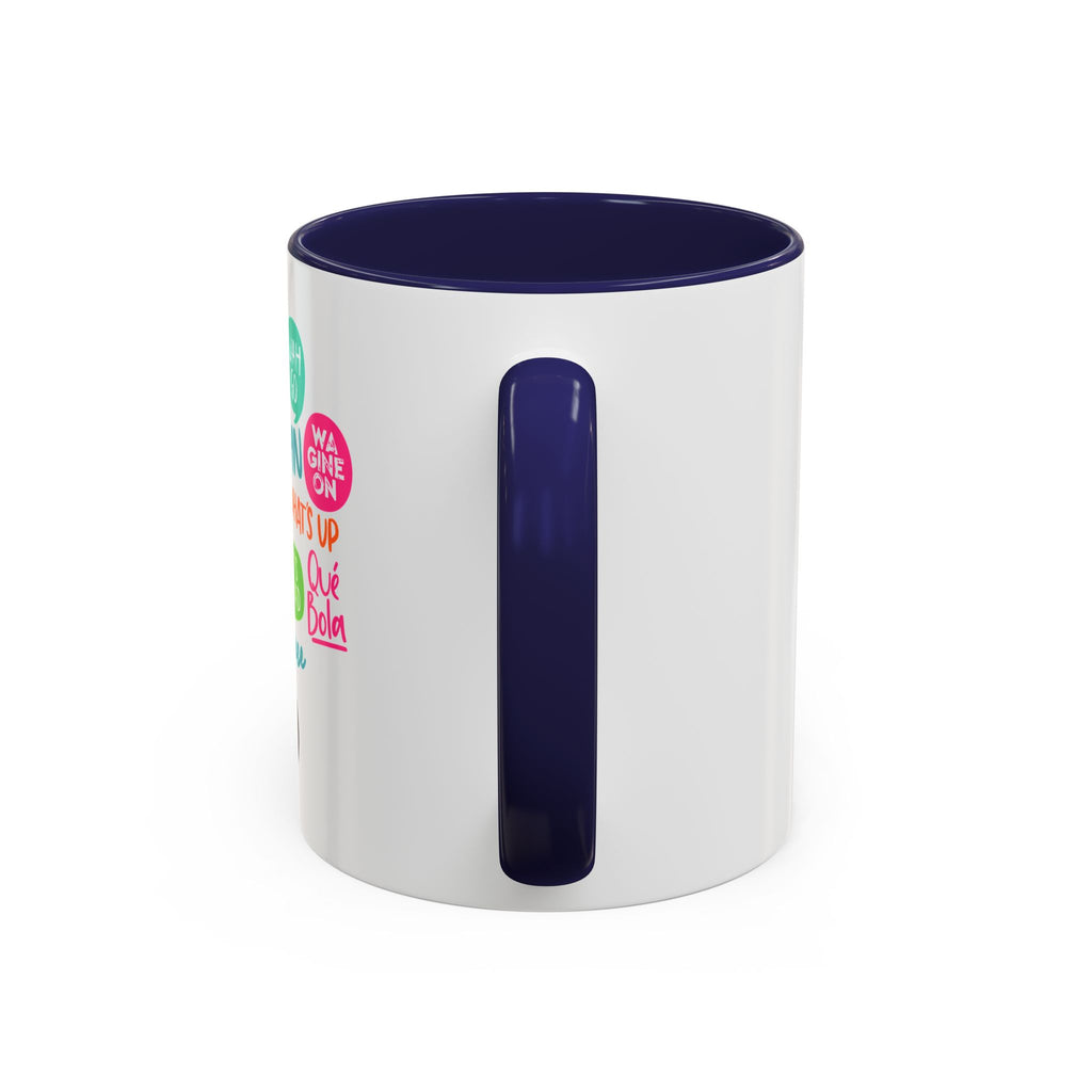 Accent Coffee Mug — Caribbean Slang Speech Bubble Design (What's Up, Wagwaan, Sak Pase)