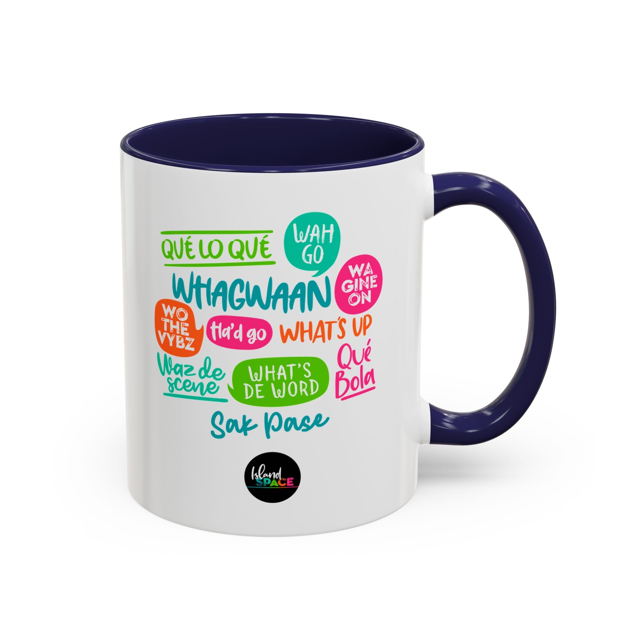 Accent Coffee Mug — Caribbean Slang Speech Bubble Design (What's Up, Wagwaan, Sak Pase)