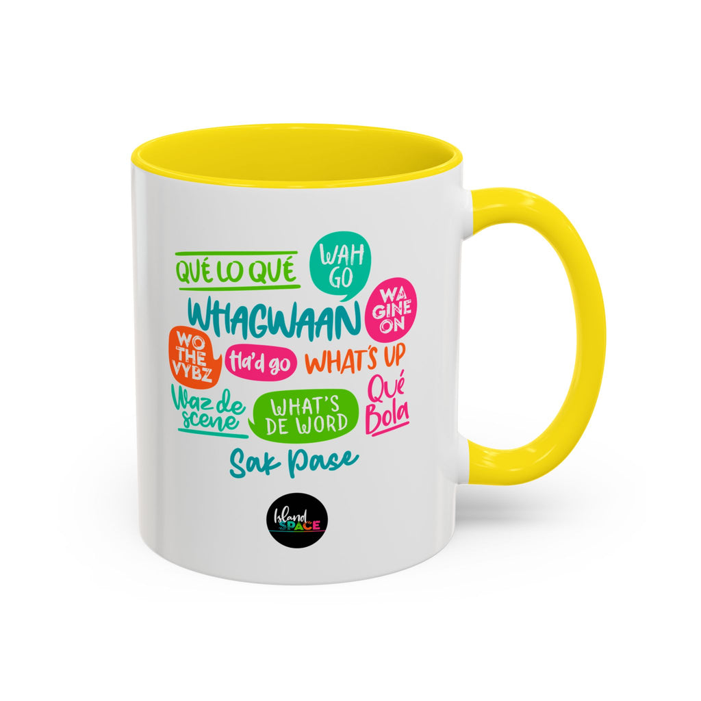 Accent Coffee Mug — Caribbean Slang Speech Bubble Design (What's Up, Wagwaan, Sak Pase)