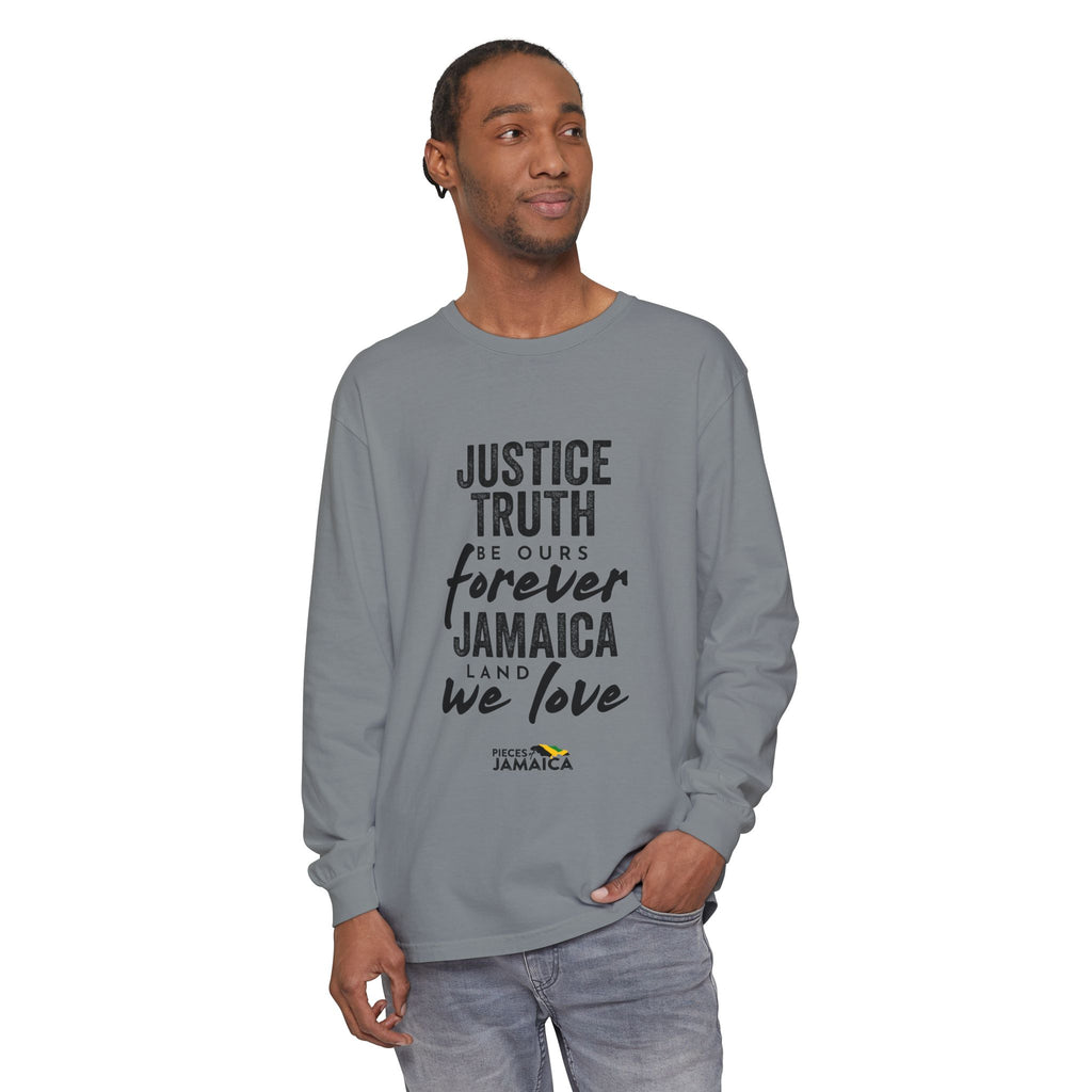 Long Sleeve T-Shirt — "Justice, Truth Be Ours Forever Jamaica" Graphic