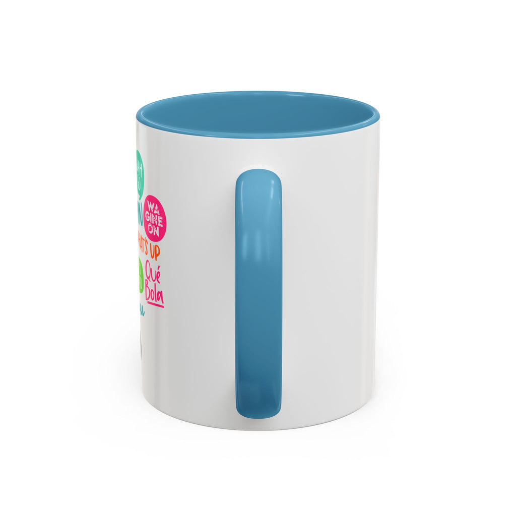 Accent Coffee Mug — Caribbean Slang Speech Bubble Design (What's Up, Wagwaan, Sak Pase)