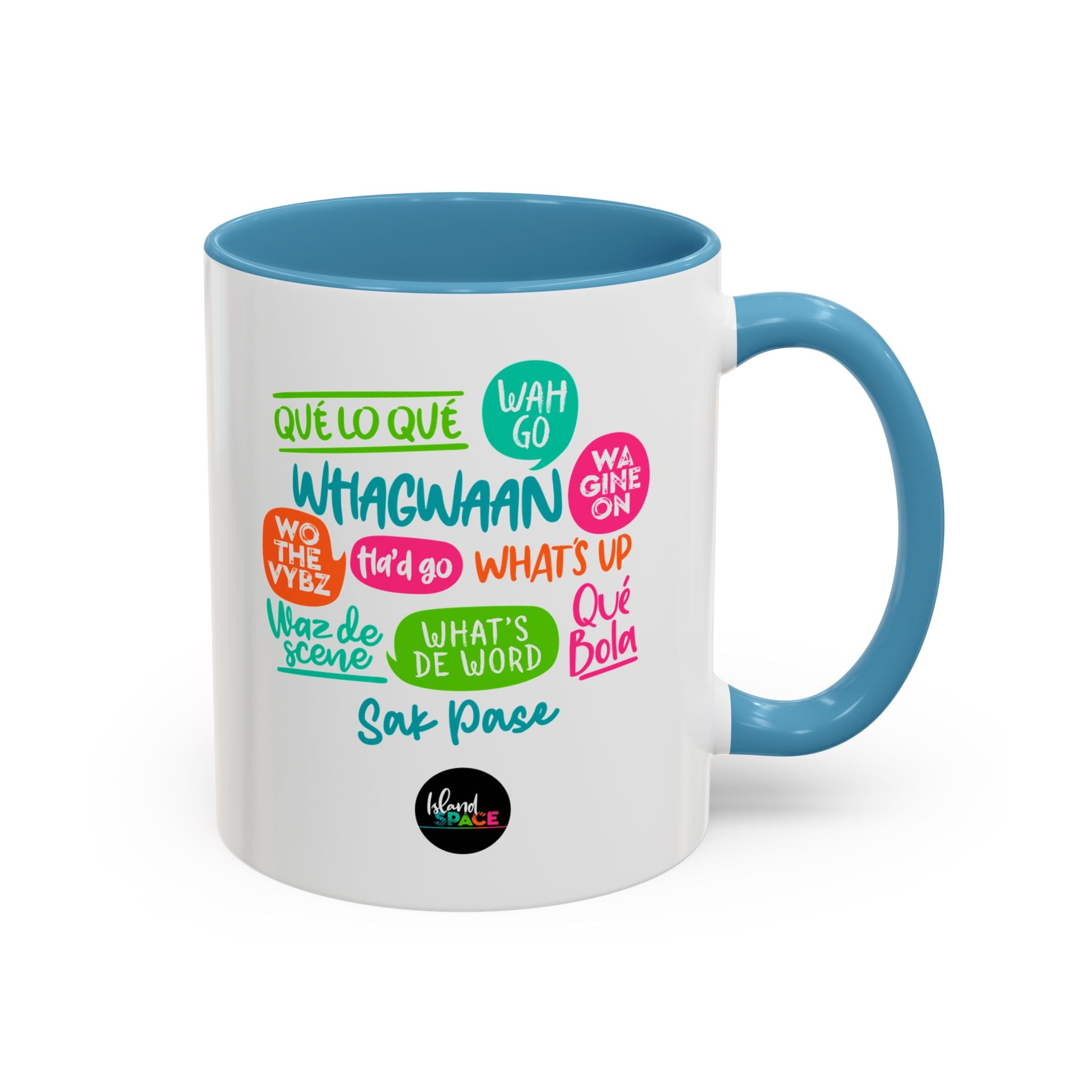 Accent Coffee Mug — Caribbean Slang Speech Bubble Design (What's Up, Wagwaan, Sak Pase)