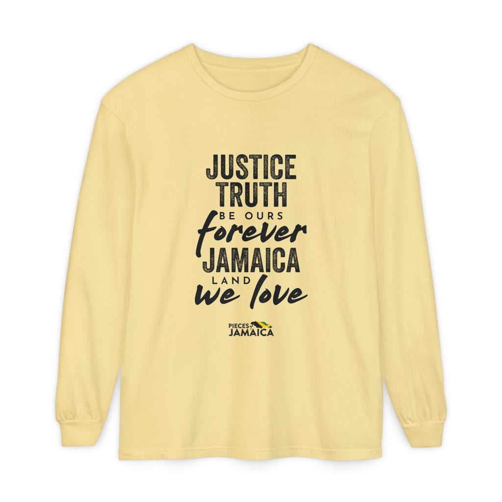Long Sleeve T-Shirt — "Justice, Truth Be Ours Forever Jamaica" Graphic
