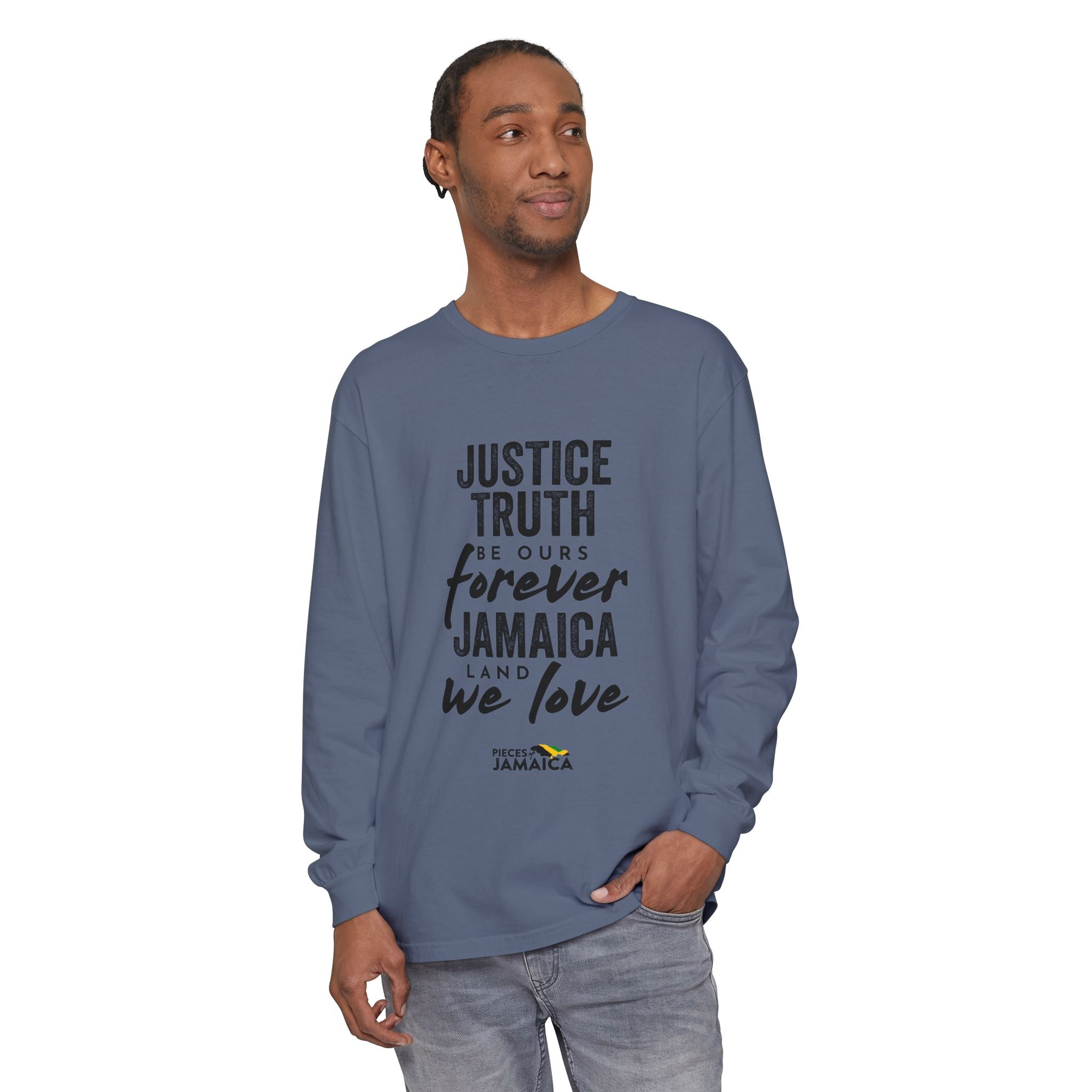 Long Sleeve T-Shirt — "Justice, Truth Be Ours Forever Jamaica" Graphic