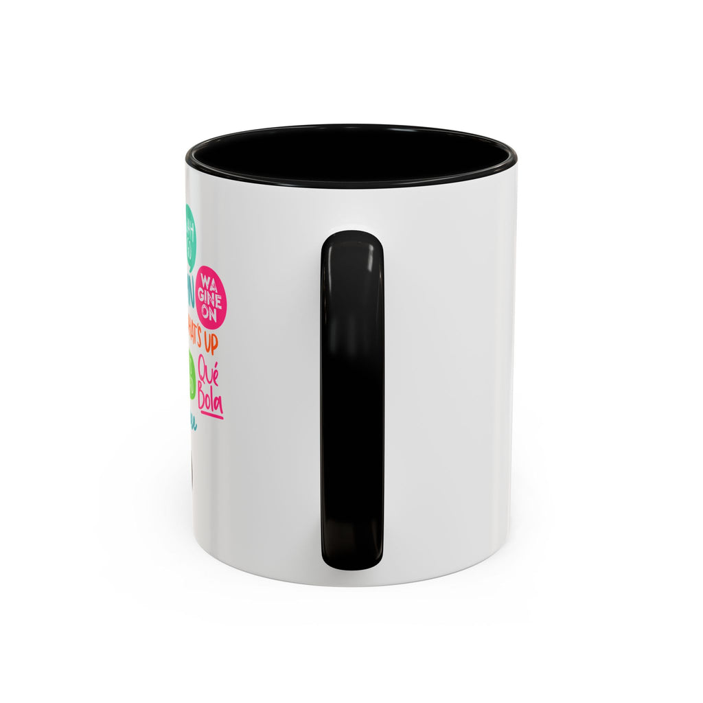 Accent Coffee Mug — Caribbean Slang Speech Bubble Design (What's Up, Wagwaan, Sak Pase)