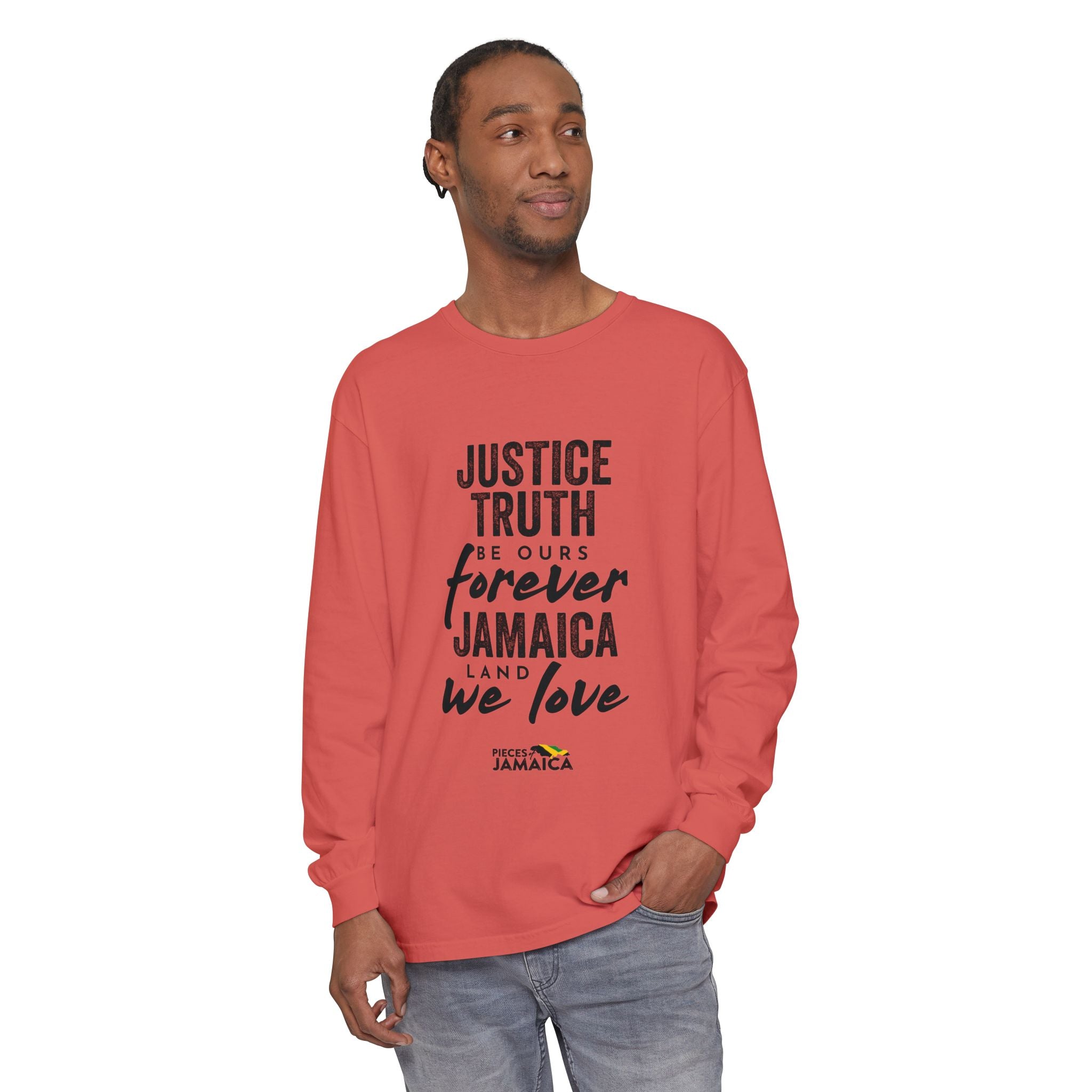 Long Sleeve T-Shirt — "Justice, Truth Be Ours Forever Jamaica" Graphic
