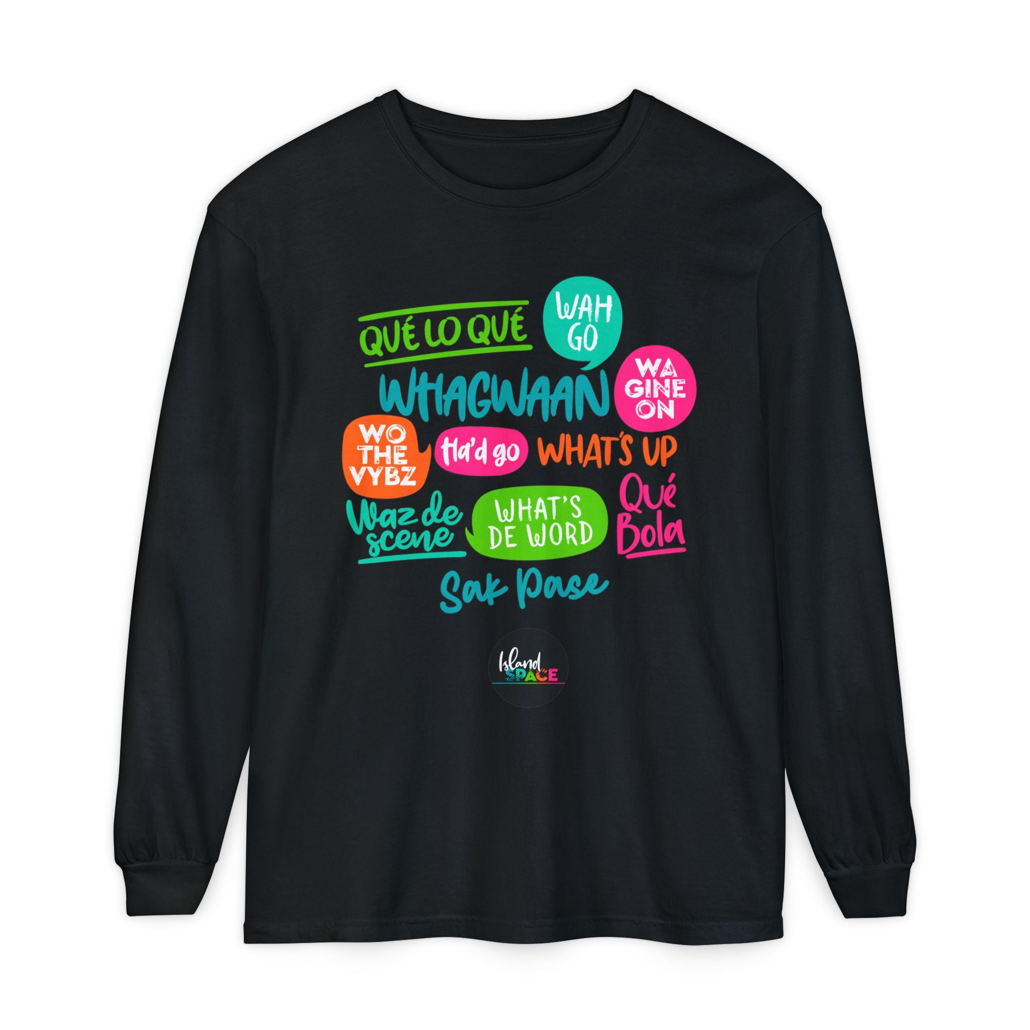 Long Sleeve T-Shirt — Caribbean Speech Bubble Graphic (What’s Up, Wah Gwan, Que Lo Que)