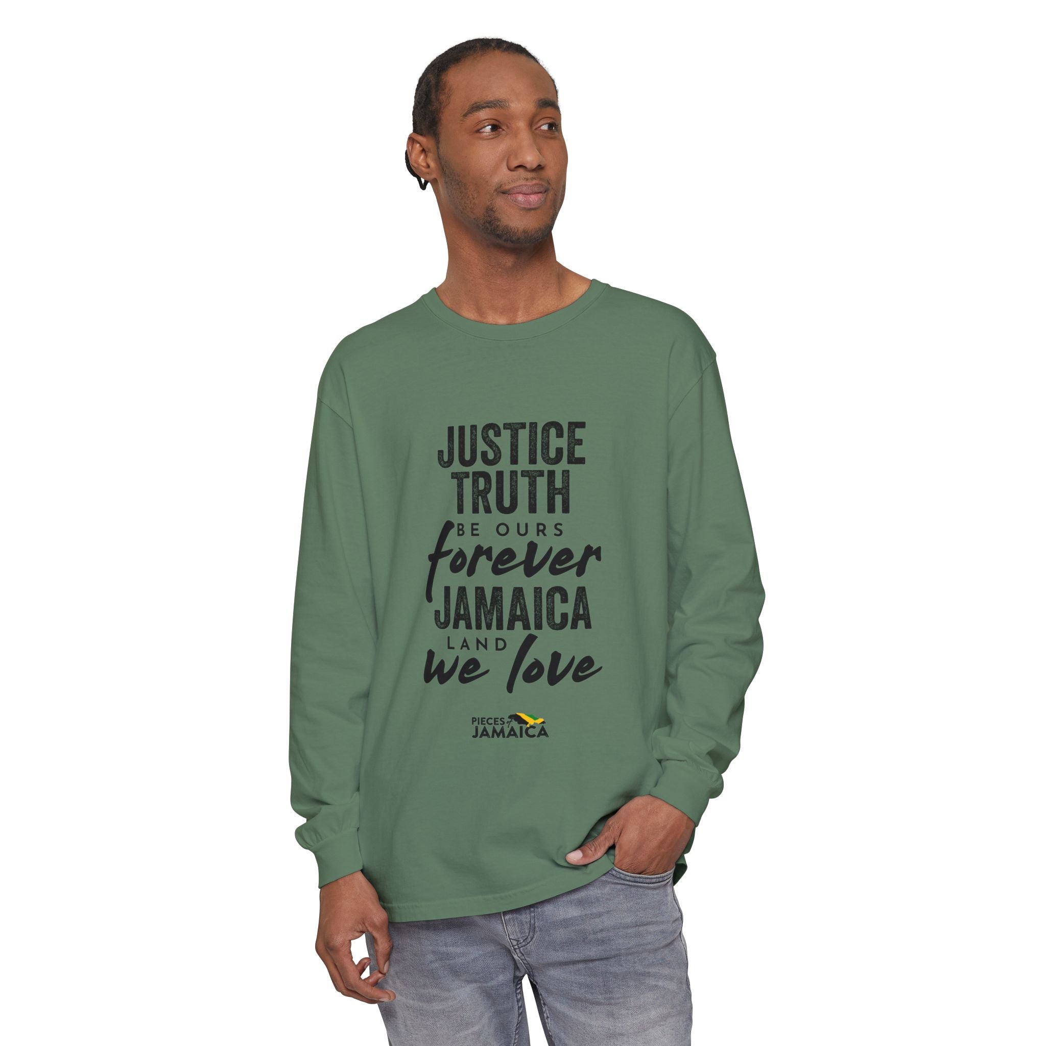 Long Sleeve T-Shirt — "Justice, Truth Be Ours Forever Jamaica" Graphic