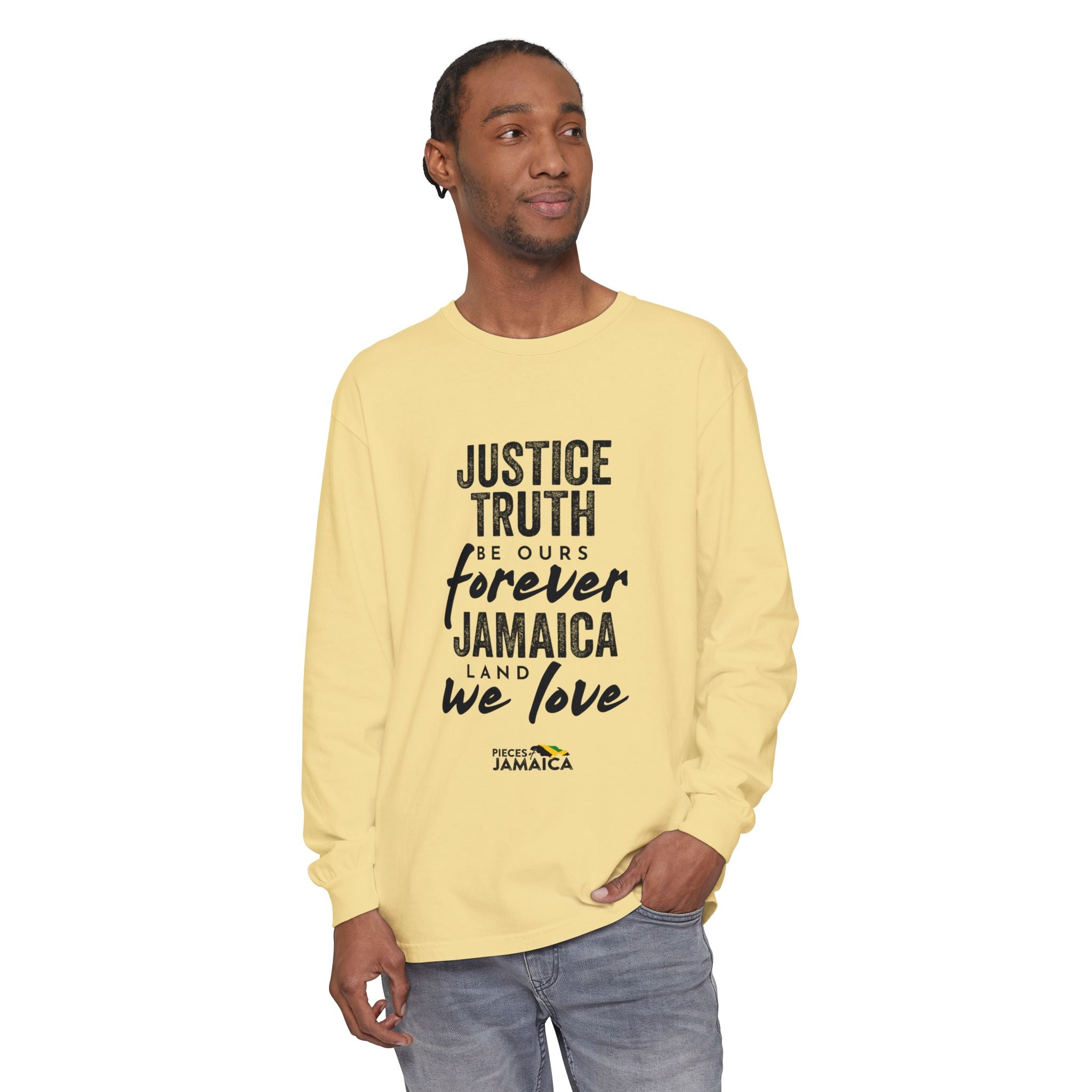 Long Sleeve T-Shirt — "Justice, Truth Be Ours Forever Jamaica" Graphic