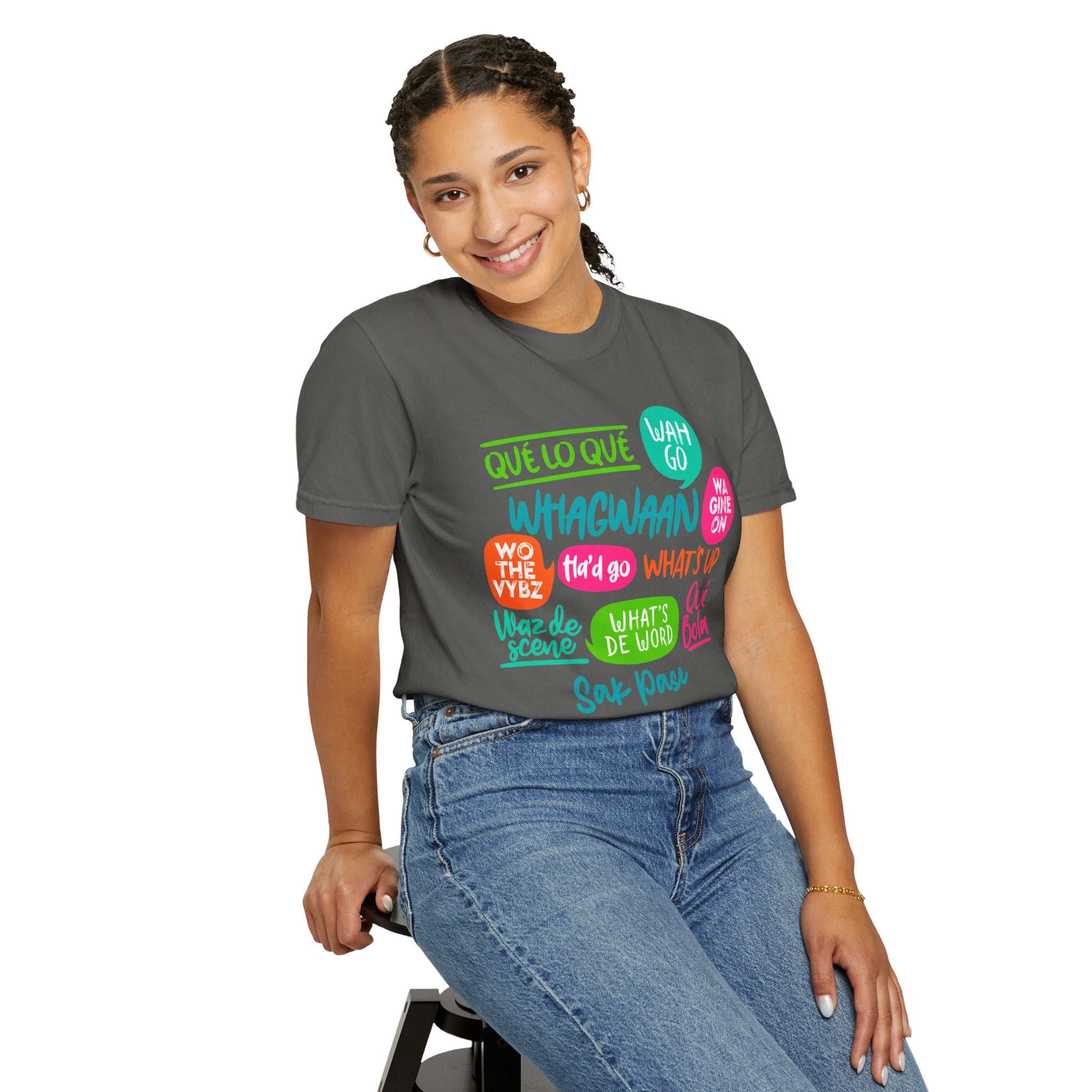 T-Shirt — Caribbean Greeting Phrases Graphic Tee (Whagwaan, Qué lo qué, Sak Pase)