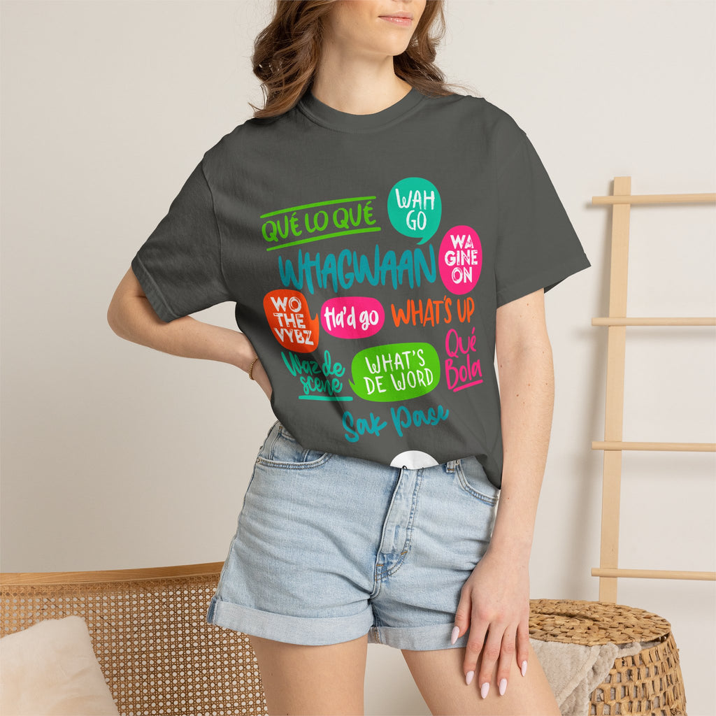 T-Shirt — Caribbean Greeting Phrases Graphic Tee (Whagwaan, Qué lo qué, Sak Pase)