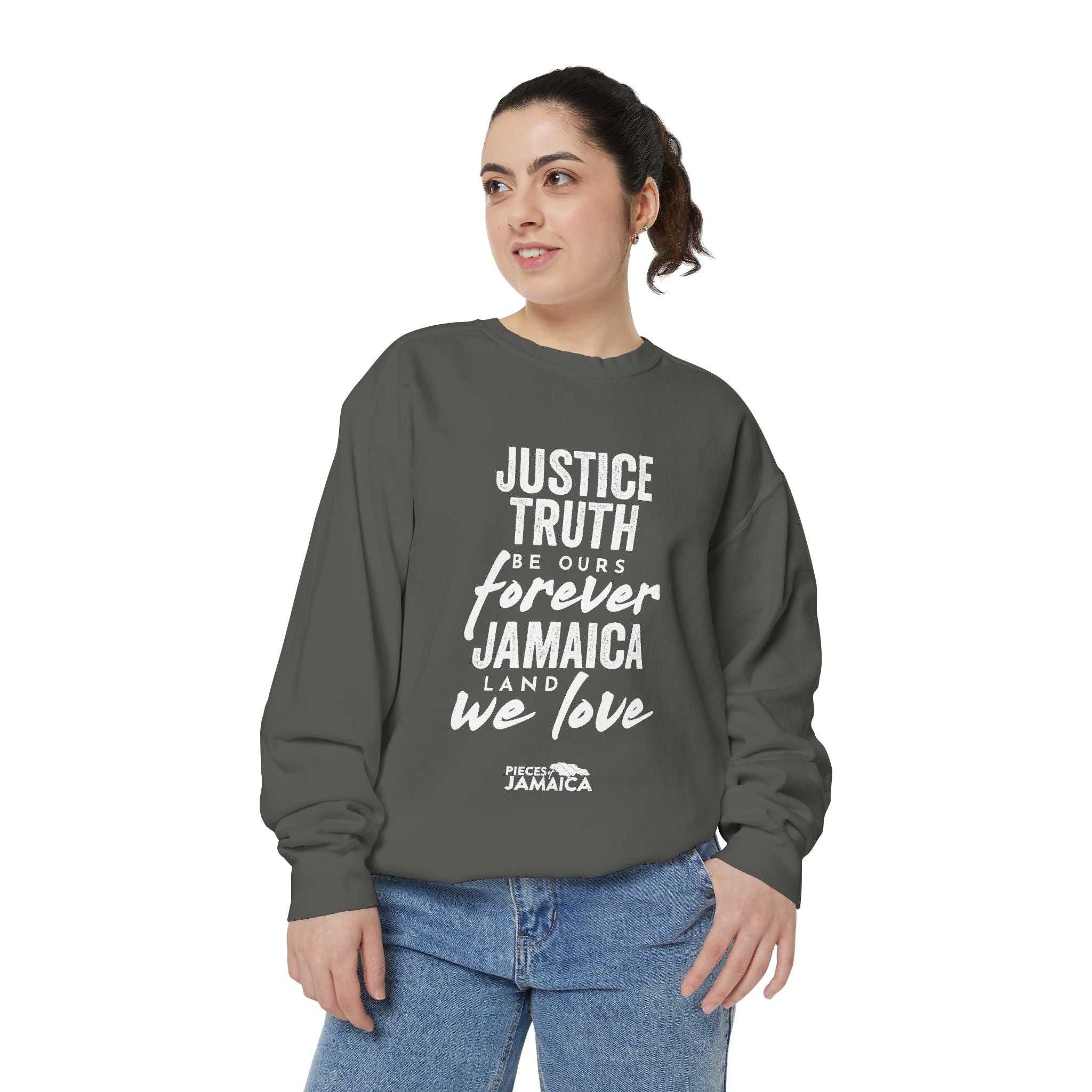 Jamaica Love Sweatshirt — "Justice Truth Be Ours Forever" Graphic Crewneck