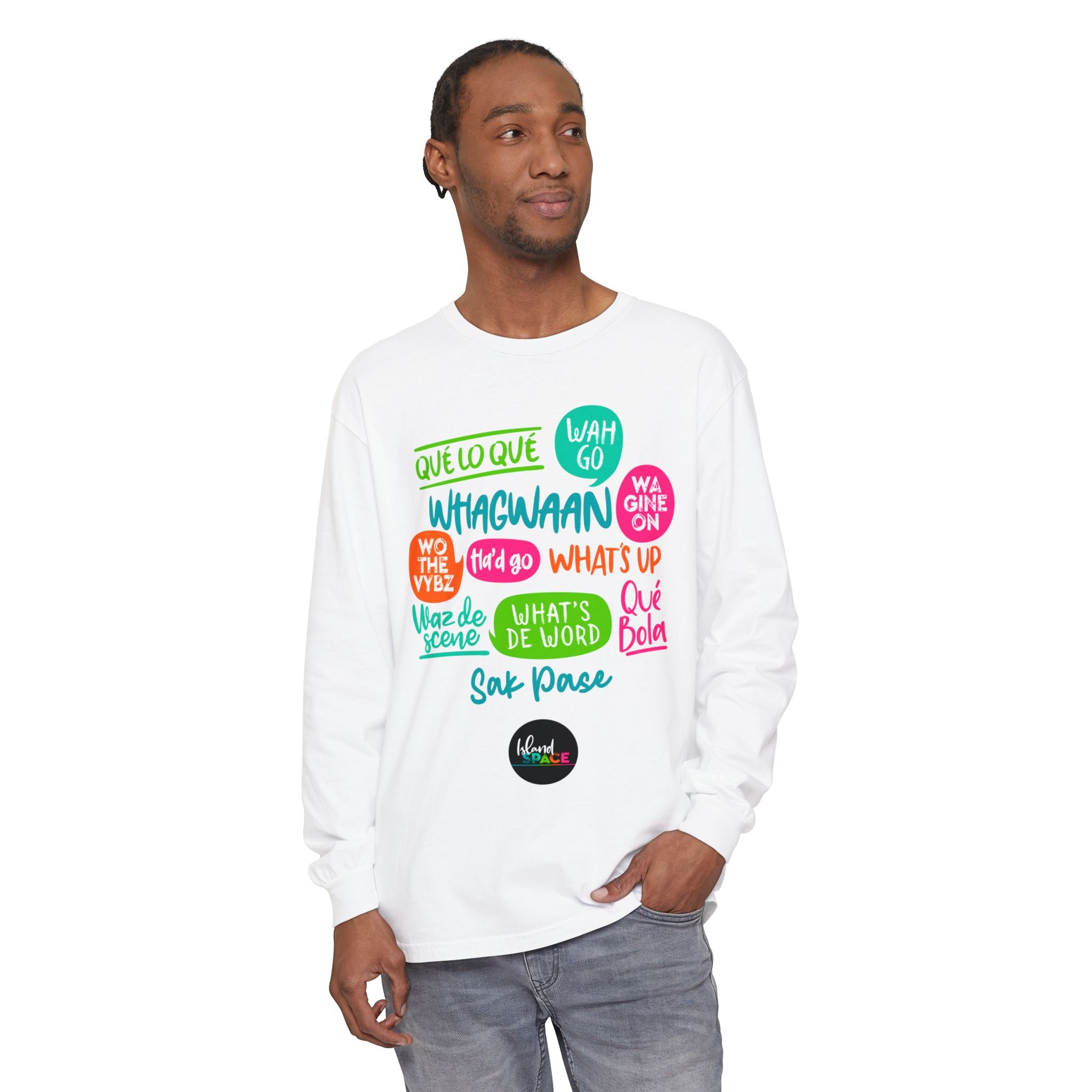 Long Sleeve T-Shirt — Caribbean Speech Bubble Graphic (What’s Up, Wah Gwan, Que Lo Que)