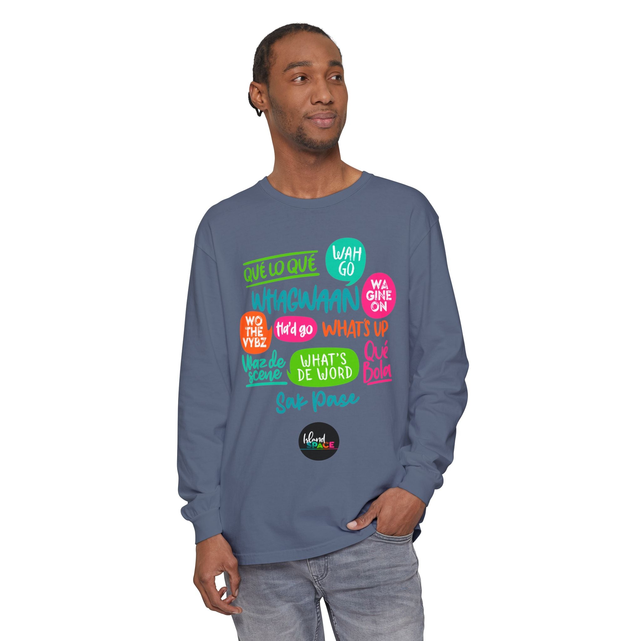 Long Sleeve T-Shirt — Caribbean Speech Bubble Graphic (What’s Up, Wah Gwan, Que Lo Que)