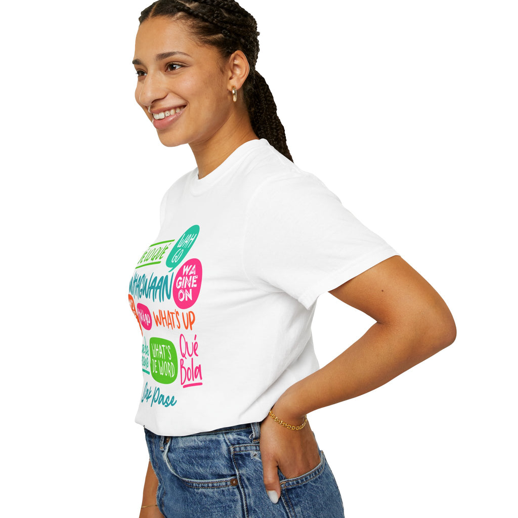 T-Shirt — Caribbean Greeting Phrases Graphic Tee (Whagwaan, Qué lo qué, Sak Pase)