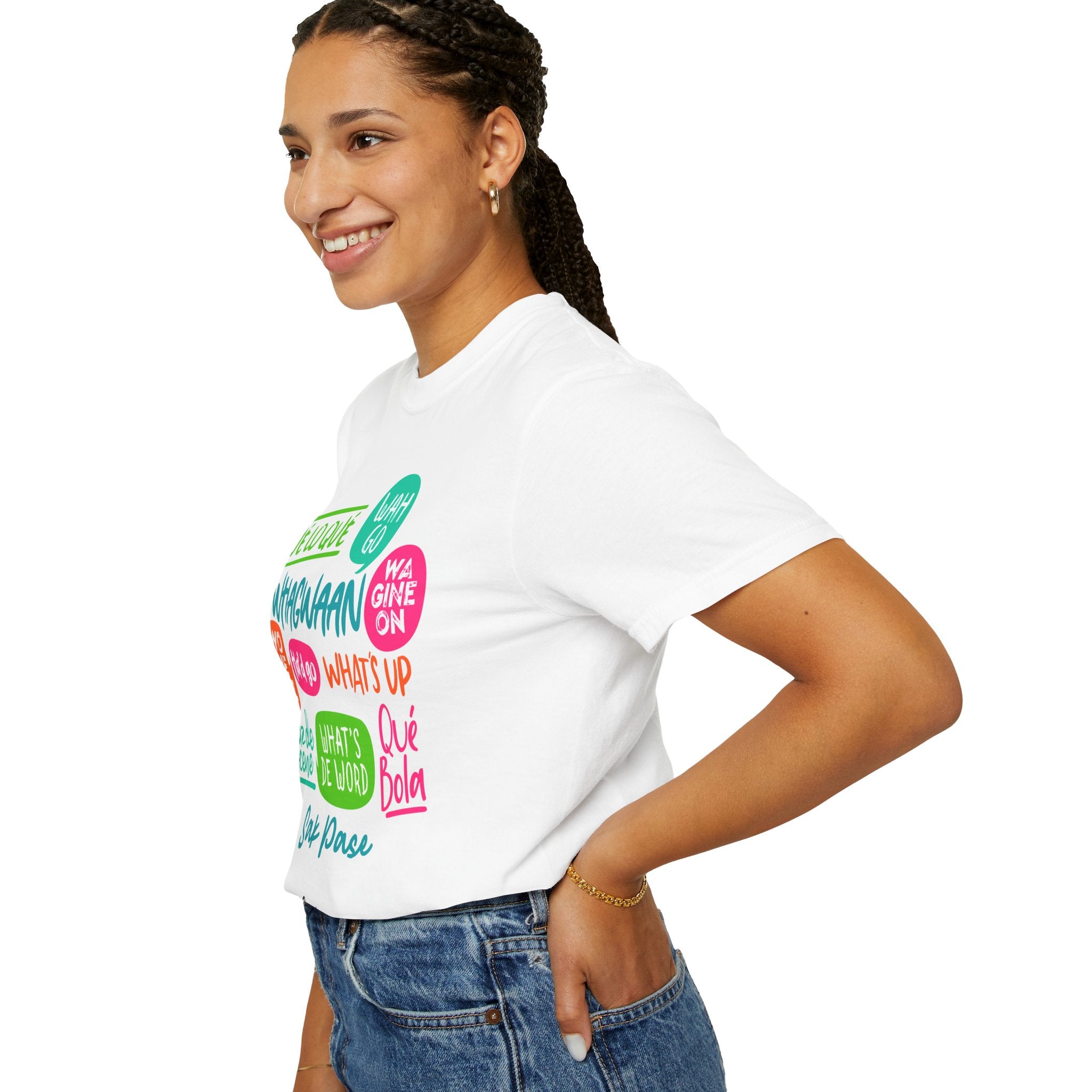 T-Shirt — Caribbean Greeting Phrases Graphic Tee (Whagwaan, Qué lo qué, Sak Pase)