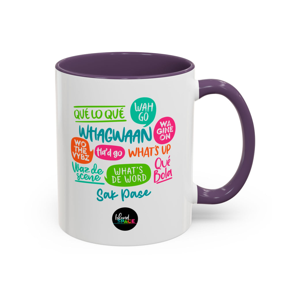 Accent Coffee Mug — Caribbean Slang Speech Bubble Design (What's Up, Wagwaan, Sak Pase)