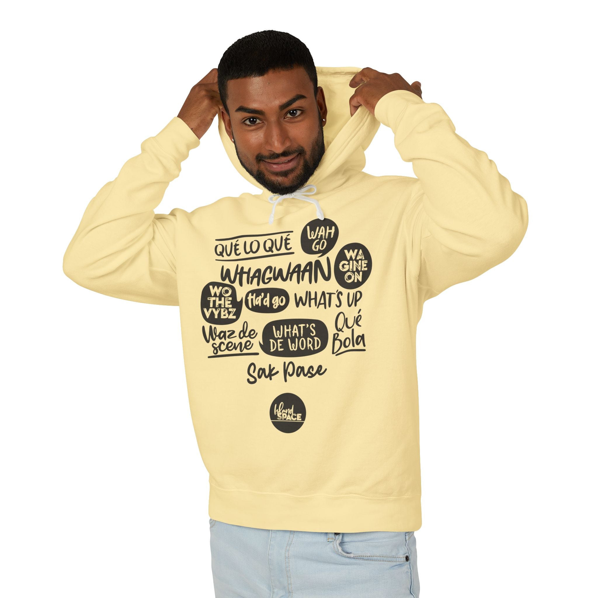 Lightweight Hoodie — Multi-Language Greetings Graphic (Que lo que, What's Up, Whagwaan)