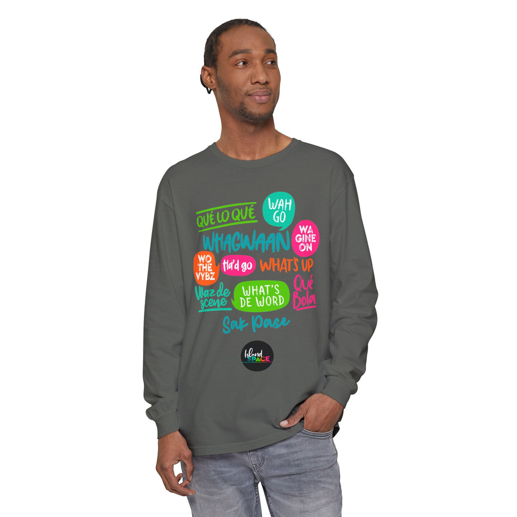 Long Sleeve T-Shirt — Caribbean Speech Bubble Graphic (What’s Up, Wah Gwan, Que Lo Que)
