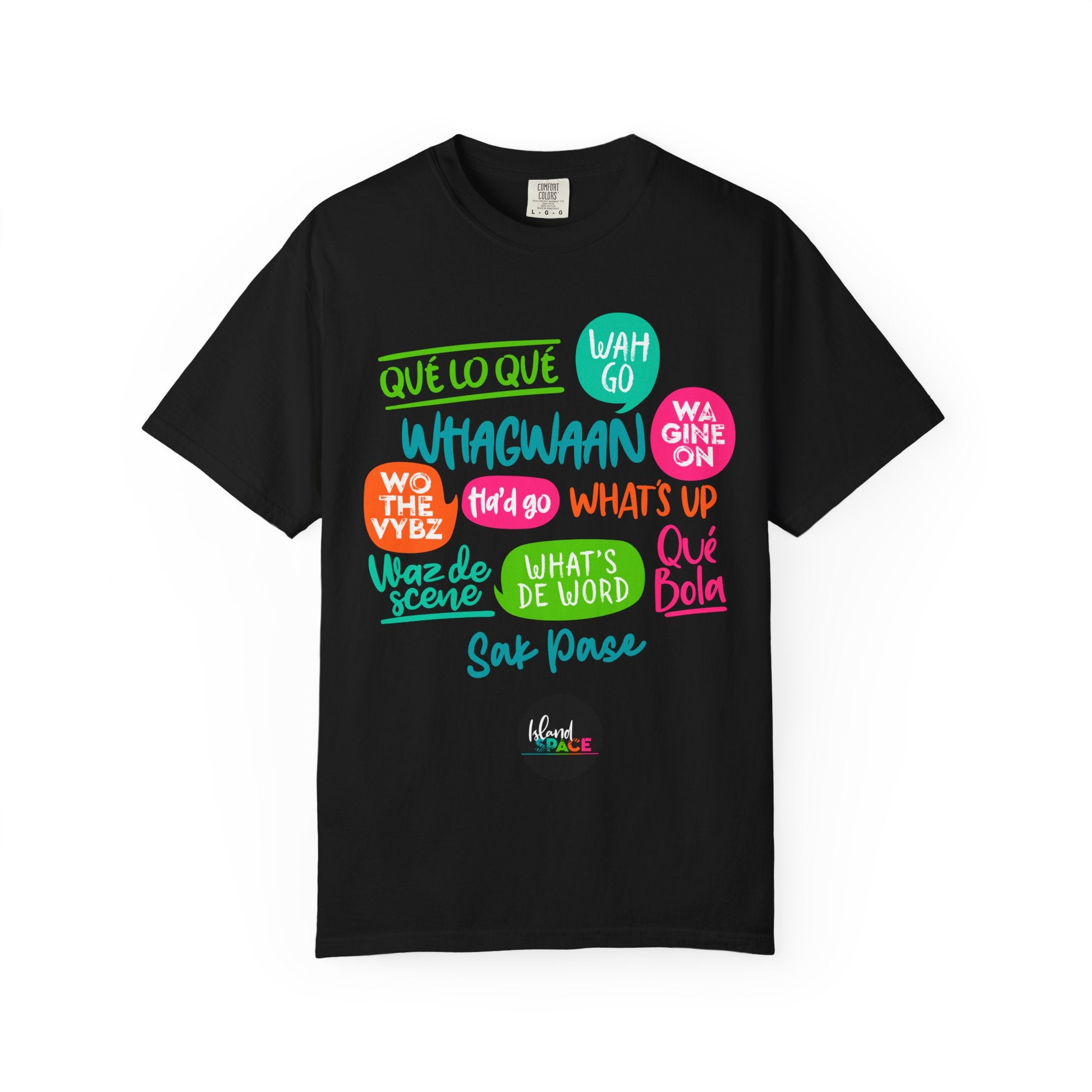 Whagwaan Phrase Tee — Multilingual Caribbean Slang Graphic T-Shirt