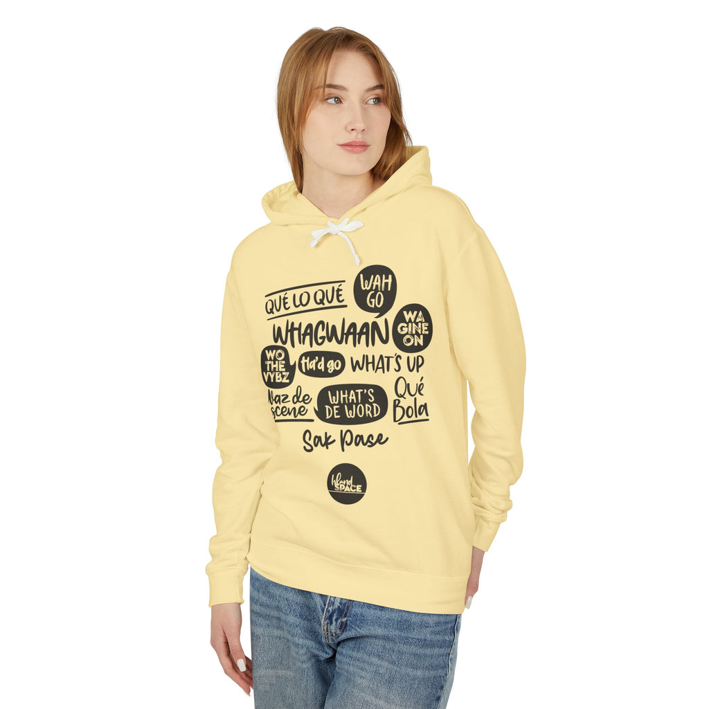 Lightweight Hoodie — Multi-Language Greetings Graphic (Que lo que, What's Up, Whagwaan)