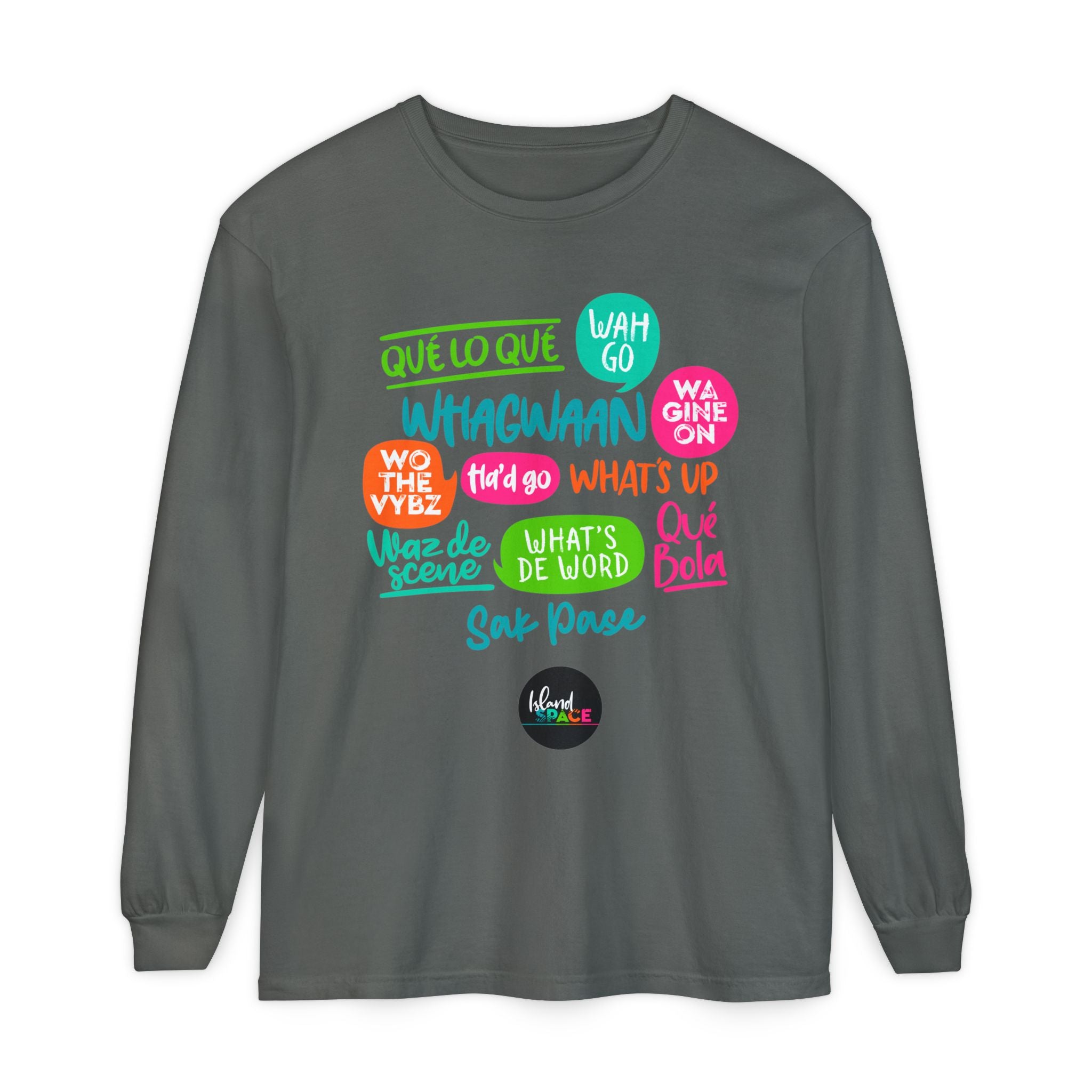 Long Sleeve T-Shirt — Caribbean Speech Bubble Graphic (What’s Up, Wah Gwan, Que Lo Que)