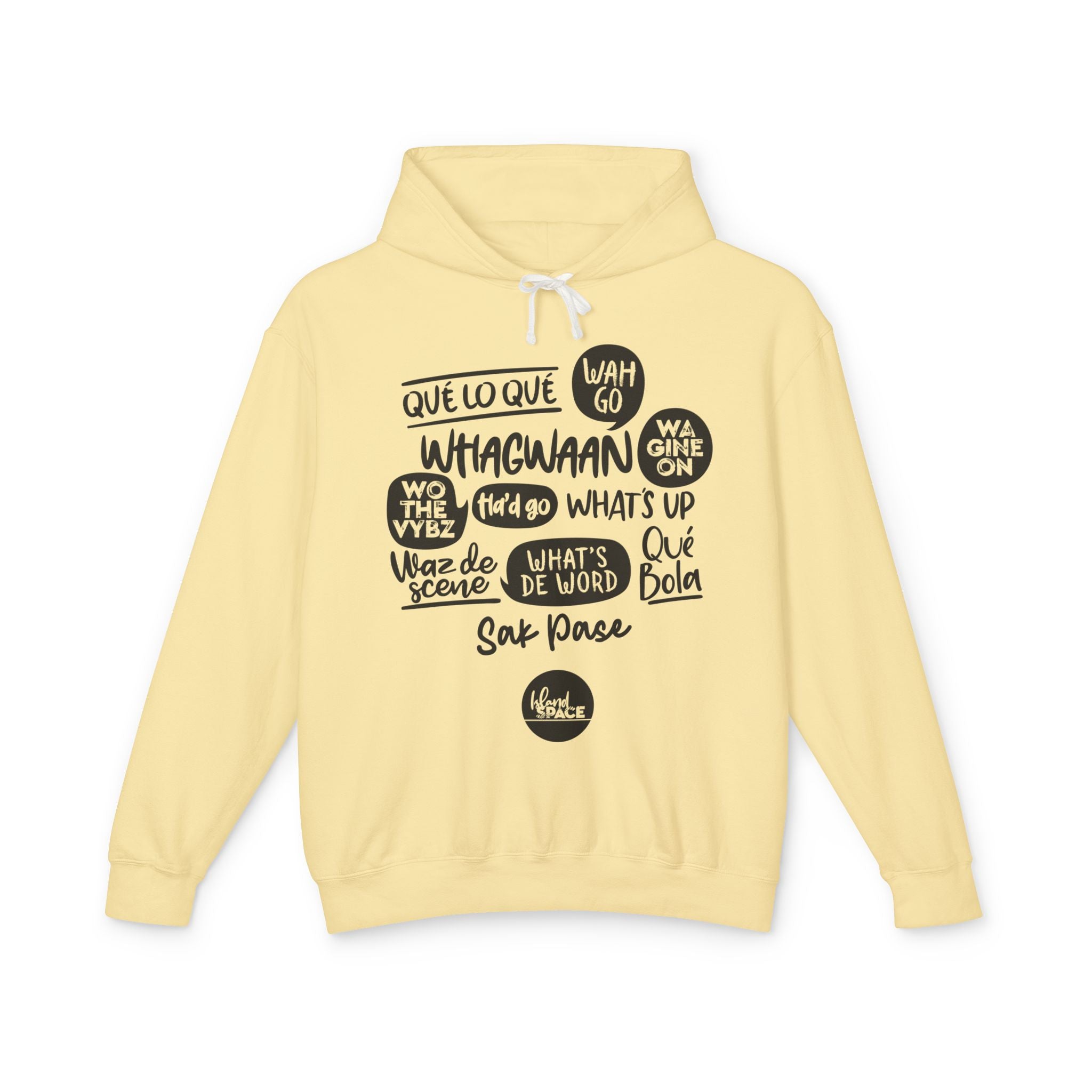 Lightweight Hoodie — Multi-Language Greetings Graphic (Que lo que, What's Up, Whagwaan)