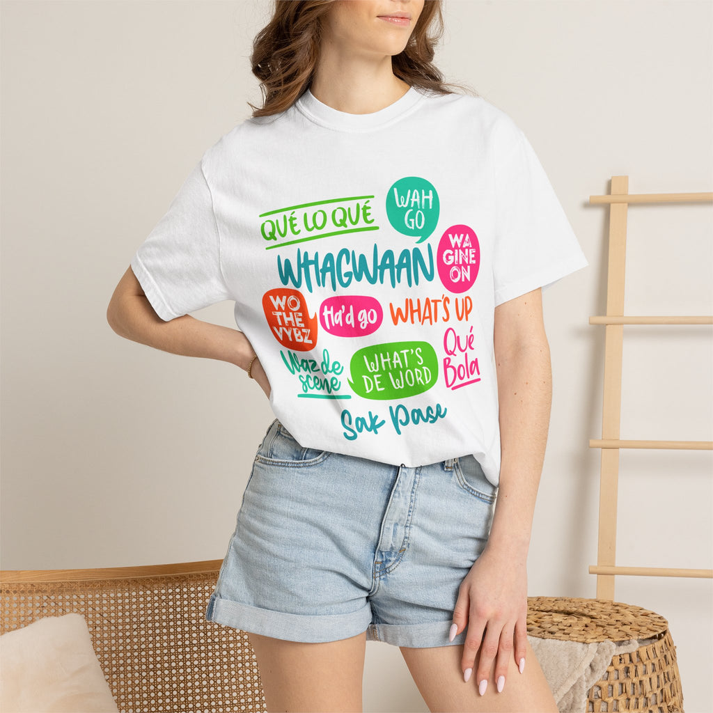 T-Shirt — Caribbean Greeting Phrases Graphic Tee (Whagwaan, Qué lo qué, Sak Pase)