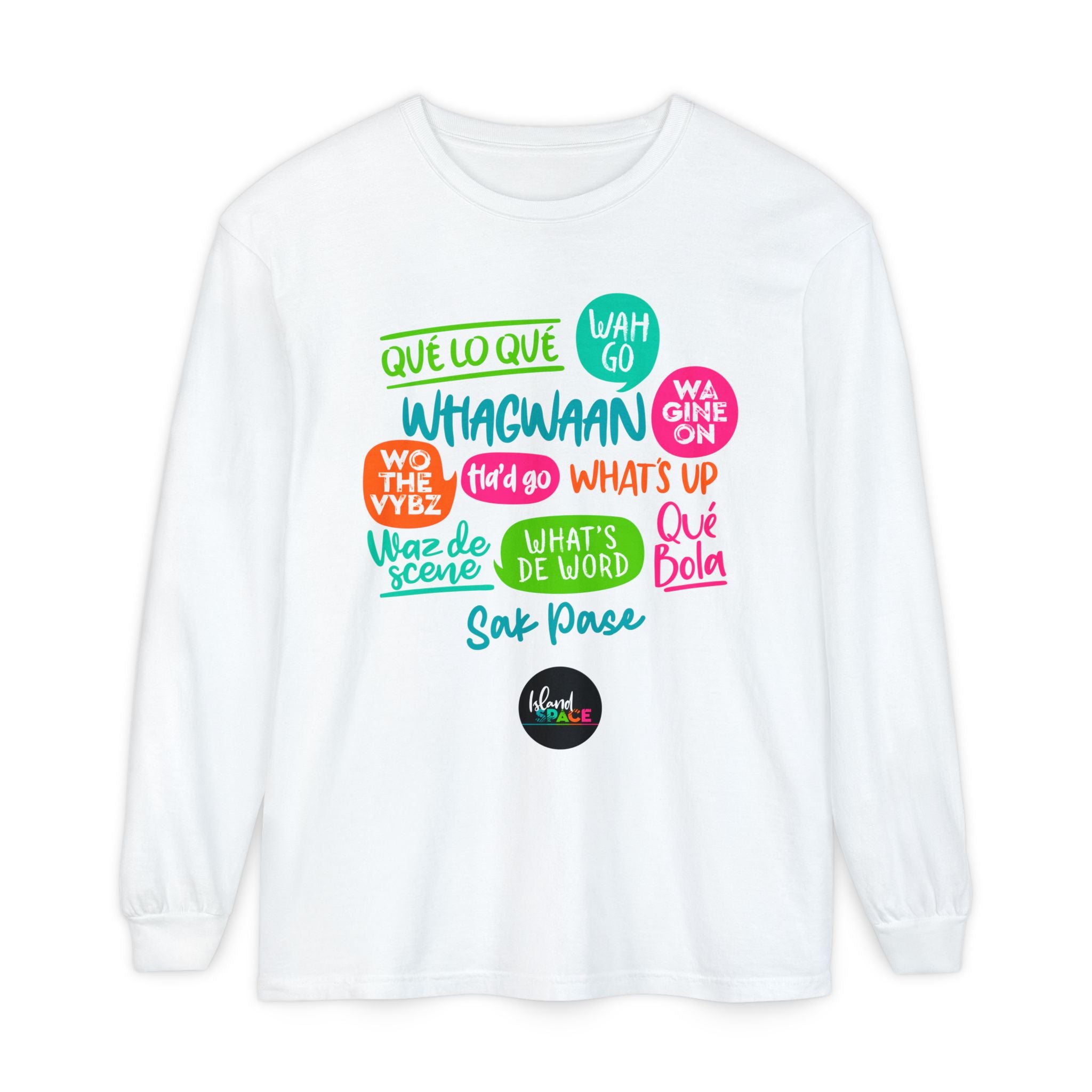 Long Sleeve T-Shirt — Caribbean Speech Bubble Graphic (What’s Up, Wah Gwan, Que Lo Que)