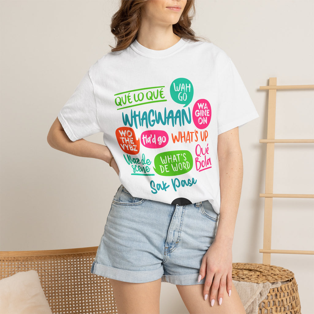Whagwaan Phrase Tee — Multilingual Caribbean Slang Graphic T-Shirt
