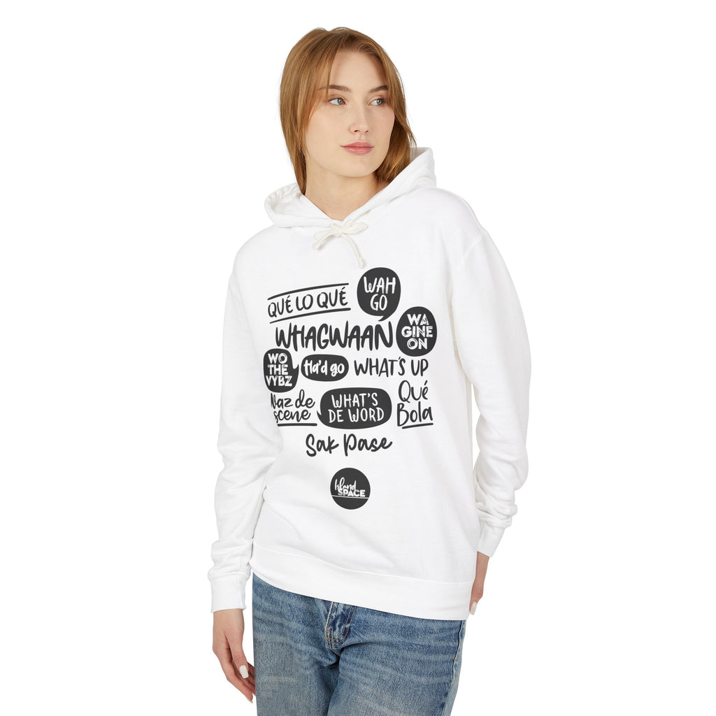 Lightweight Hoodie — Multi-Language Greetings Graphic (Que lo que, What's Up, Whagwaan)