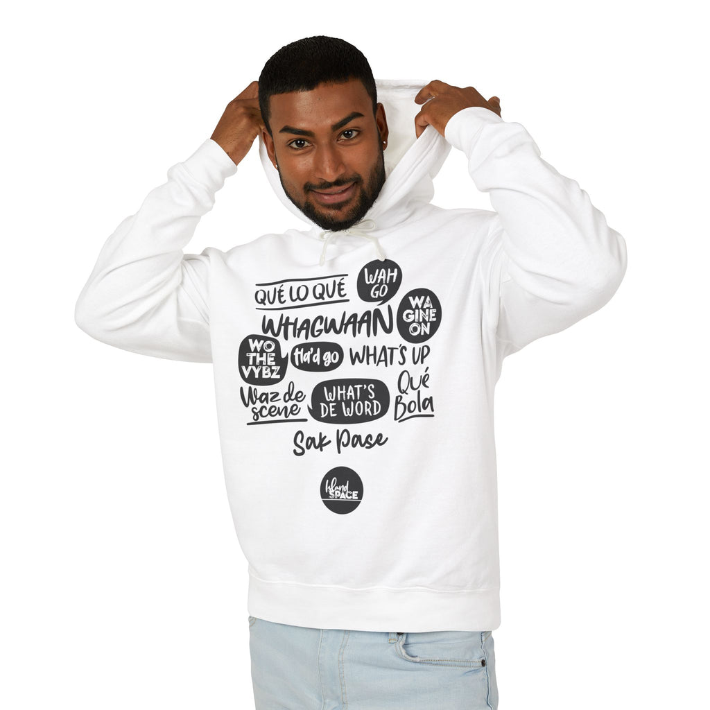 Lightweight Hoodie — Multi-Language Greetings Graphic (Que lo que, What's Up, Whagwaan)