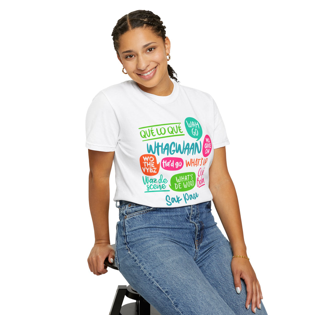T-Shirt — Caribbean Greeting Phrases Graphic Tee (Whagwaan, Qué lo qué, Sak Pase)