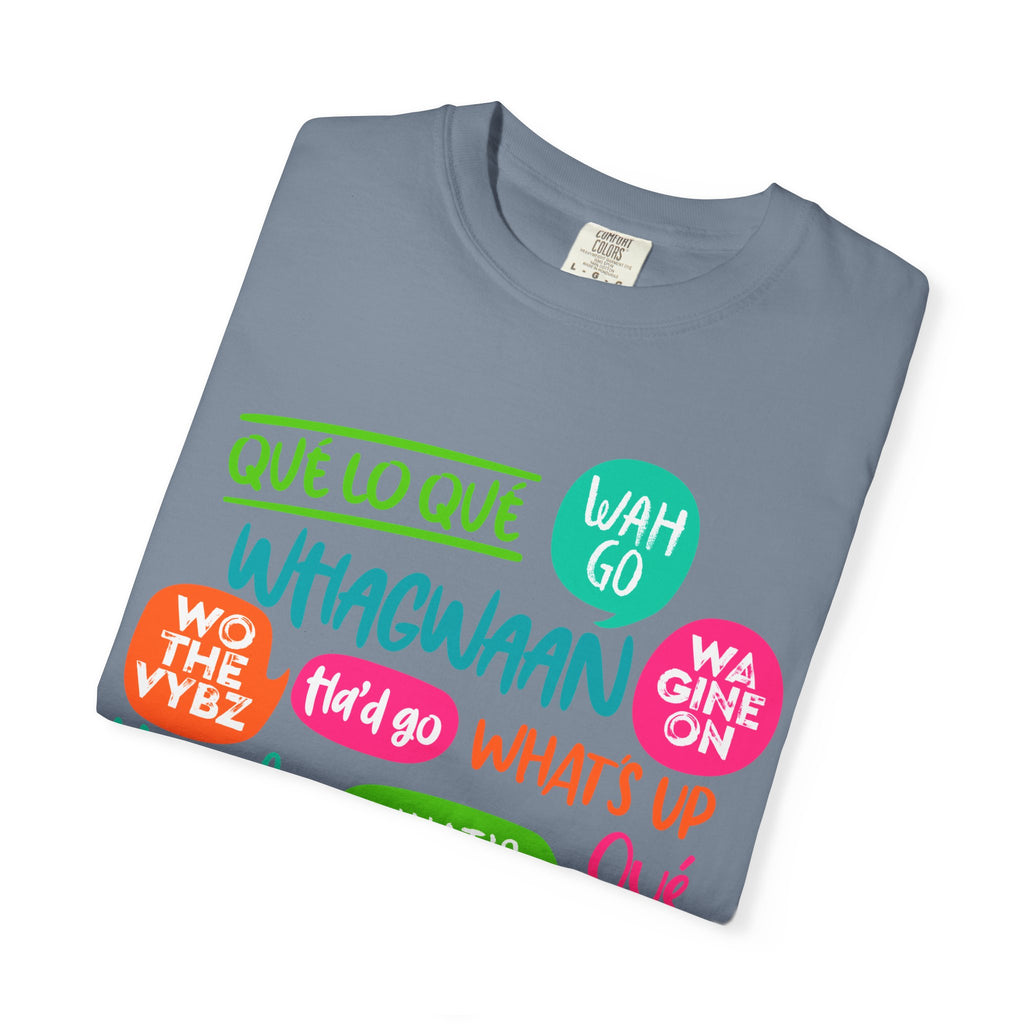 Whagwaan Phrase Tee — Multilingual Caribbean Slang Graphic T-Shirt