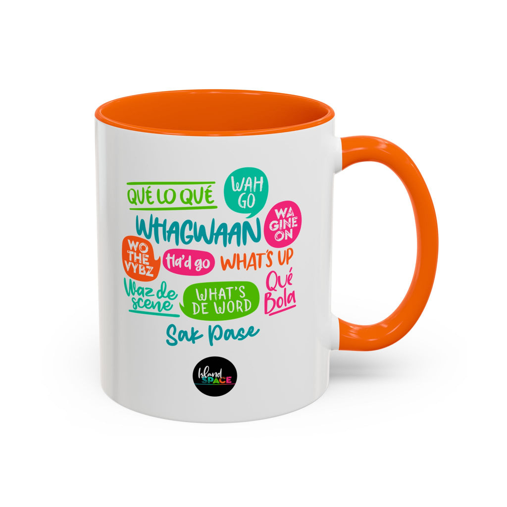 Accent Coffee Mug — Caribbean Slang Speech Bubble Design (What's Up, Wagwaan, Sak Pase)