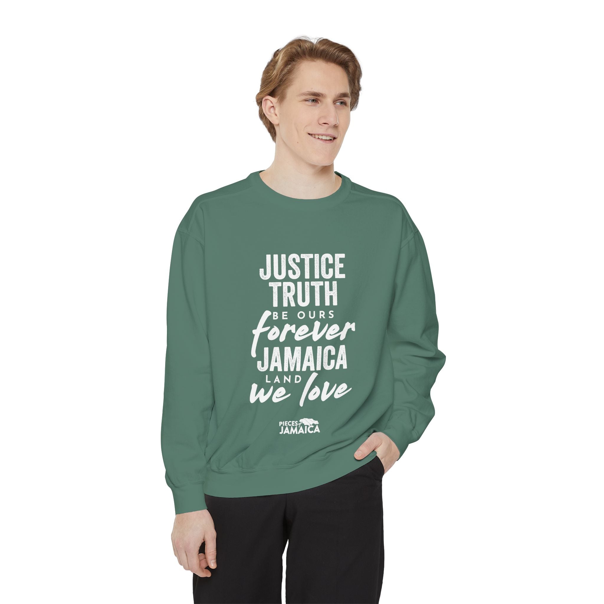 Jamaica Love Sweatshirt — "Justice Truth Be Ours Forever" Graphic Crewneck