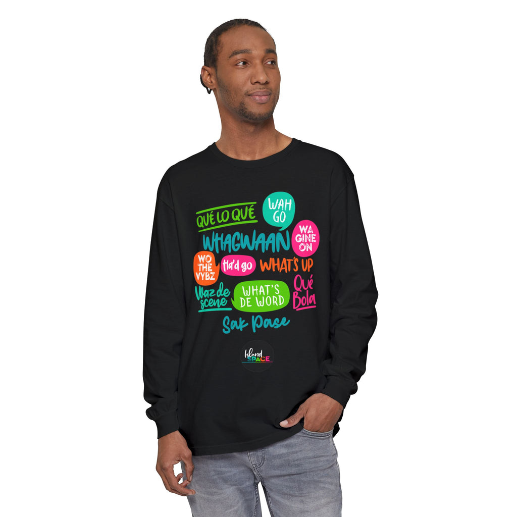 Long Sleeve T-Shirt — Caribbean Speech Bubble Graphic (What’s Up, Wah Gwan, Que Lo Que)
